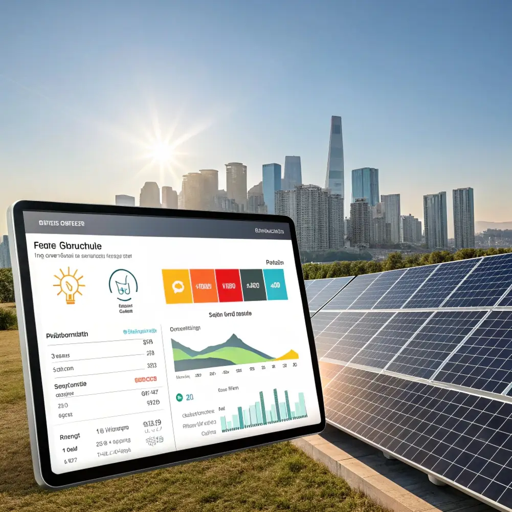 Solar panels with a digital tablet displaying energy production data, highlighting efficiency