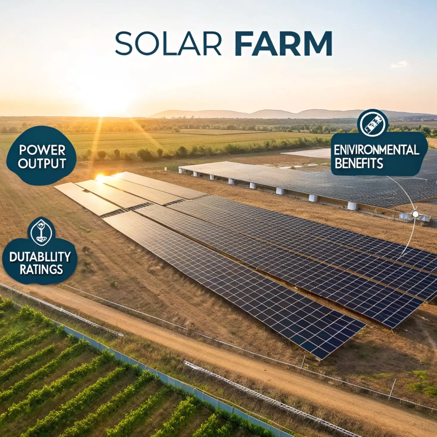 Wide view of a solar farm, emphasizing power output, durability, and environmental benefits
