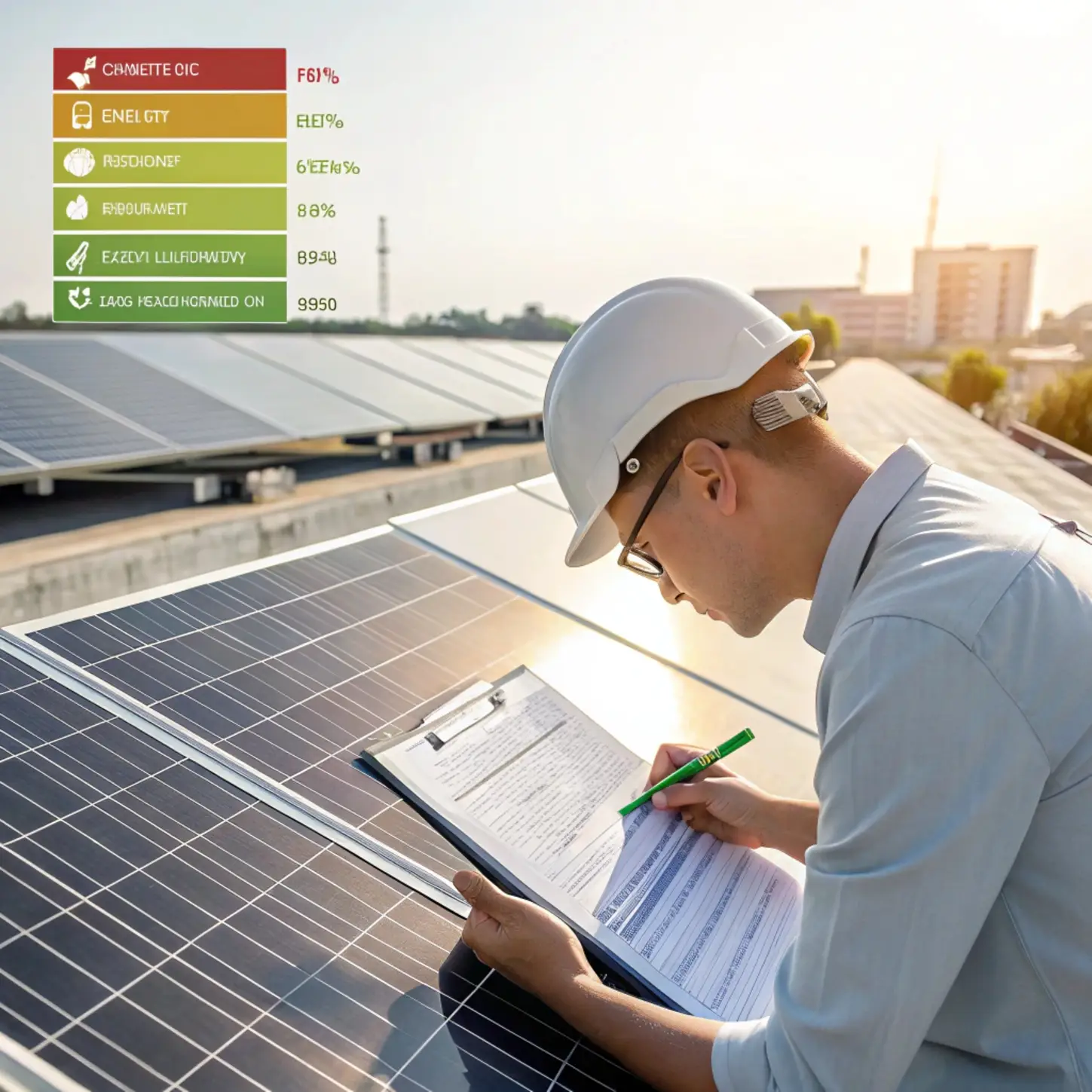 Engineer inspecting solar panels with performance data, emphasizing quality and efficiency