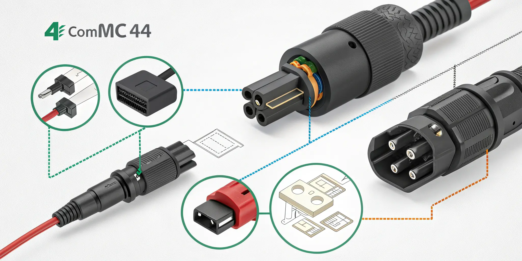 Infographic showcasing key factors for selecting MC4 connectors: voltage rating, current capacity, compatibility, and installation requirements