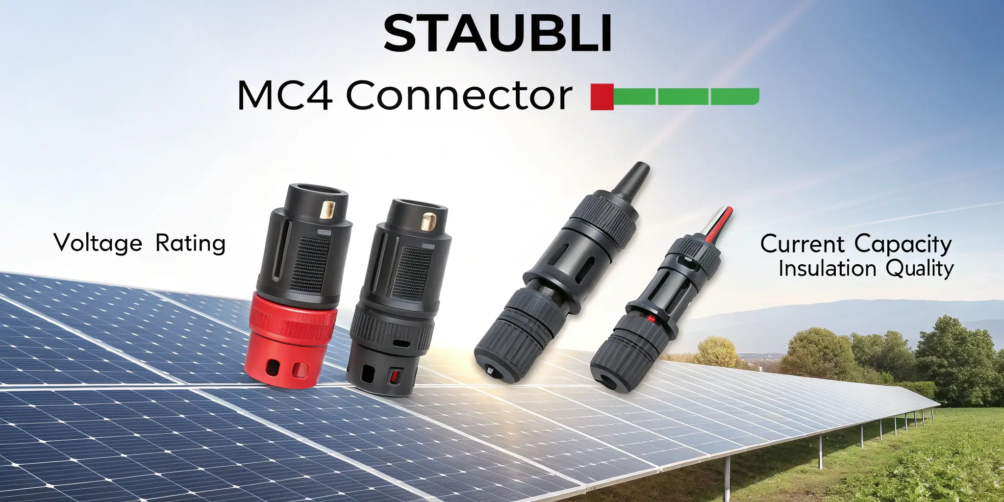 Infographic comparing Stäubli MC4 connector models with key factors like voltage rating and insulation quality