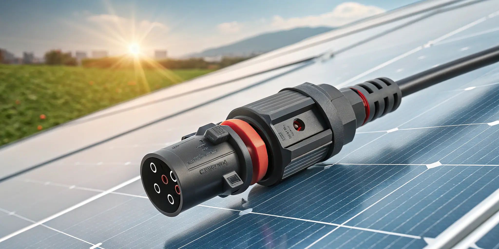 Choosing the right solar connectors, close-up of MC4 connector on panel