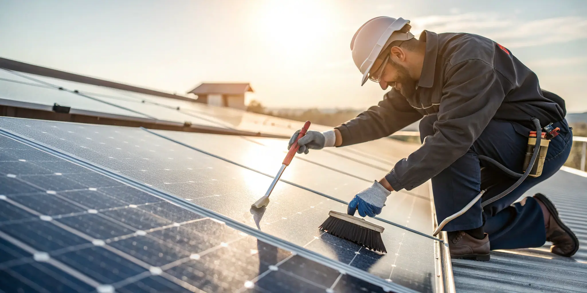 Technician cleaning and inspecting solar connectors on solar panels in a solar farm