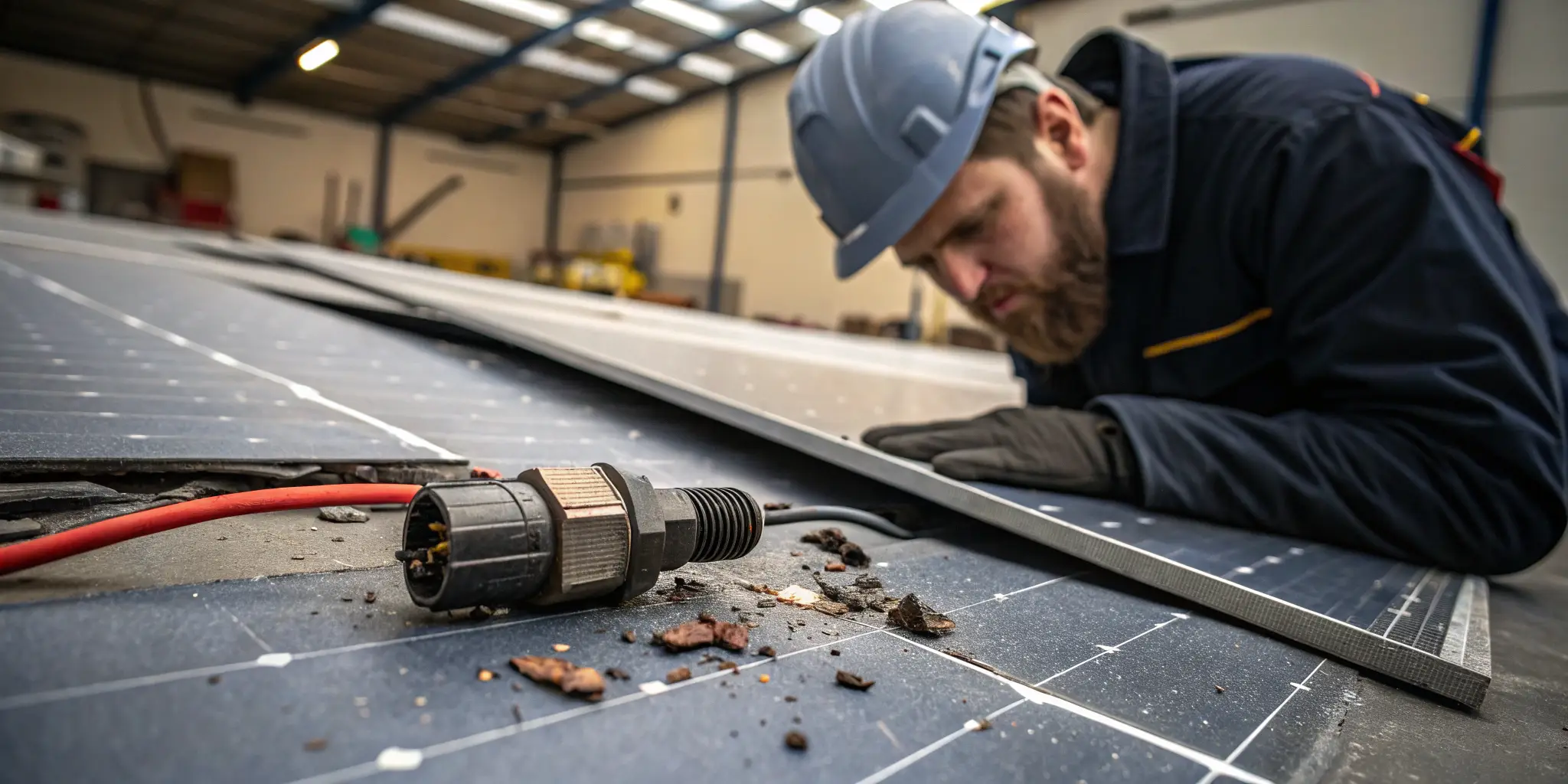 Technician inspecting a damaged solar connector caused by improper cleaning agents