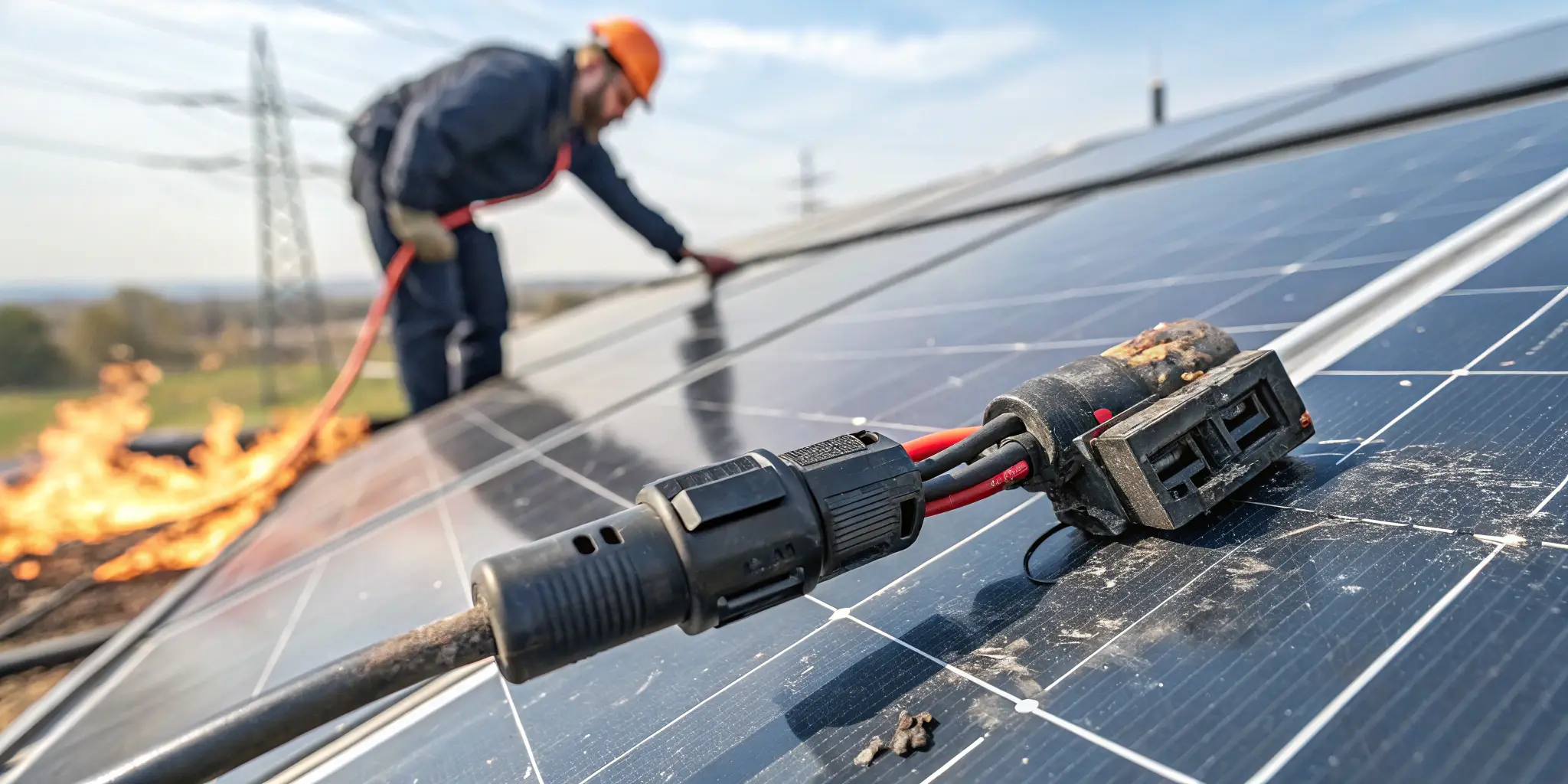 Overheated MC4 connector with burn marks being inspected for energy loss