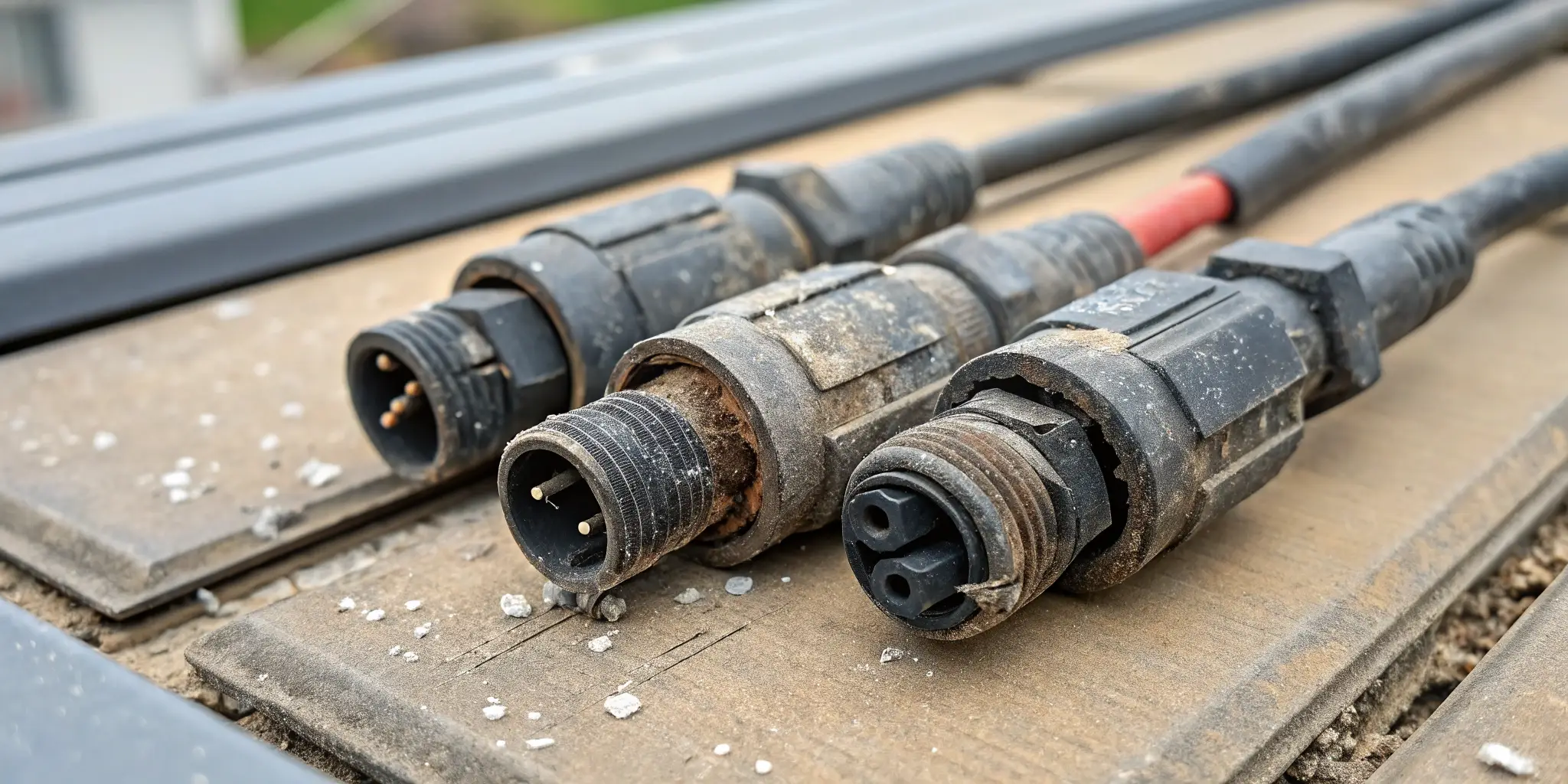 Weathered MC4 connectors showing wear and tear from UV rays, corrosion, and mechanical stress, highlighting degradation and risk of system failure