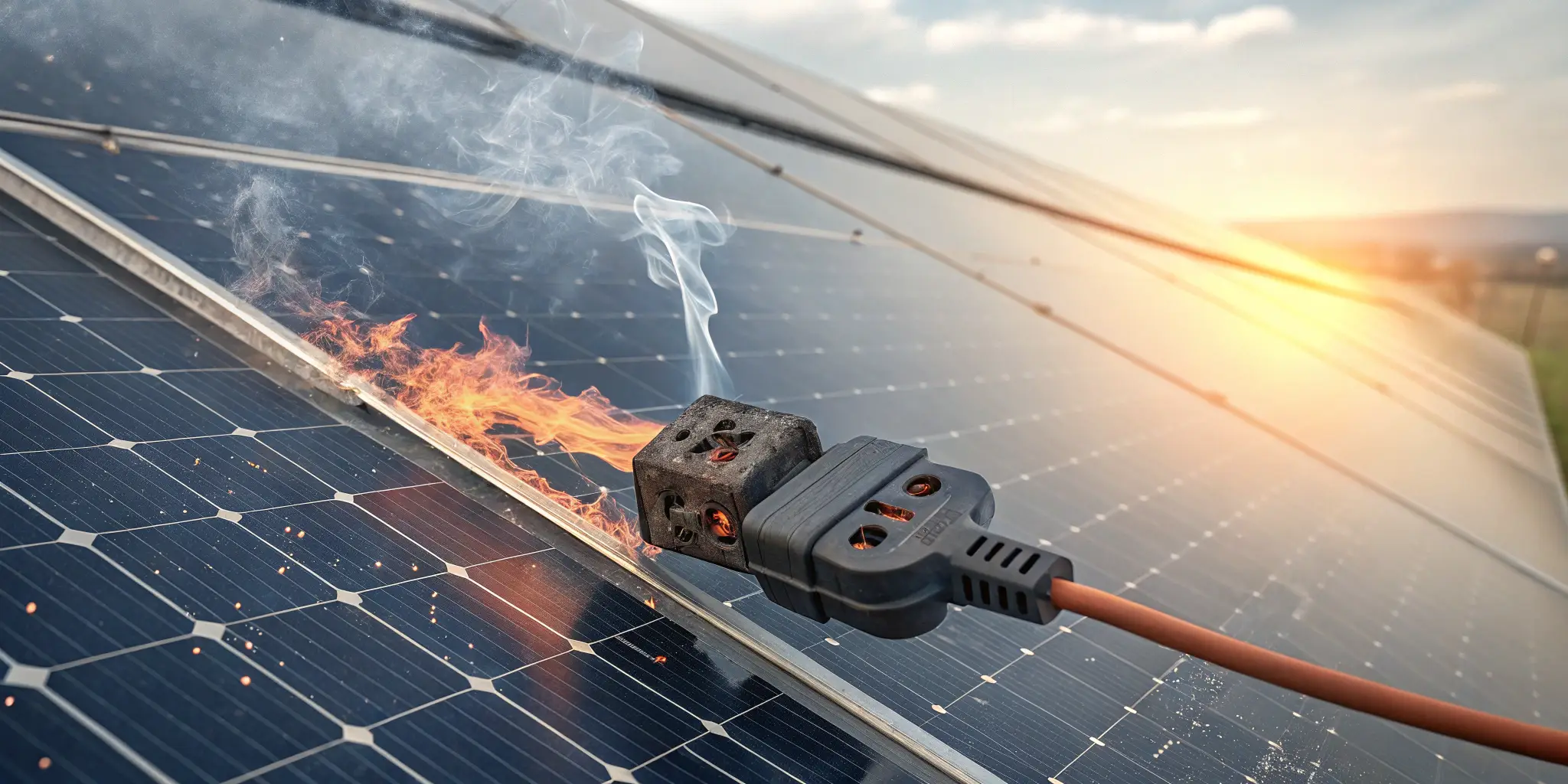 Damaged solar connector overheating with visible burn marks and smoke, indicating a high fire risk