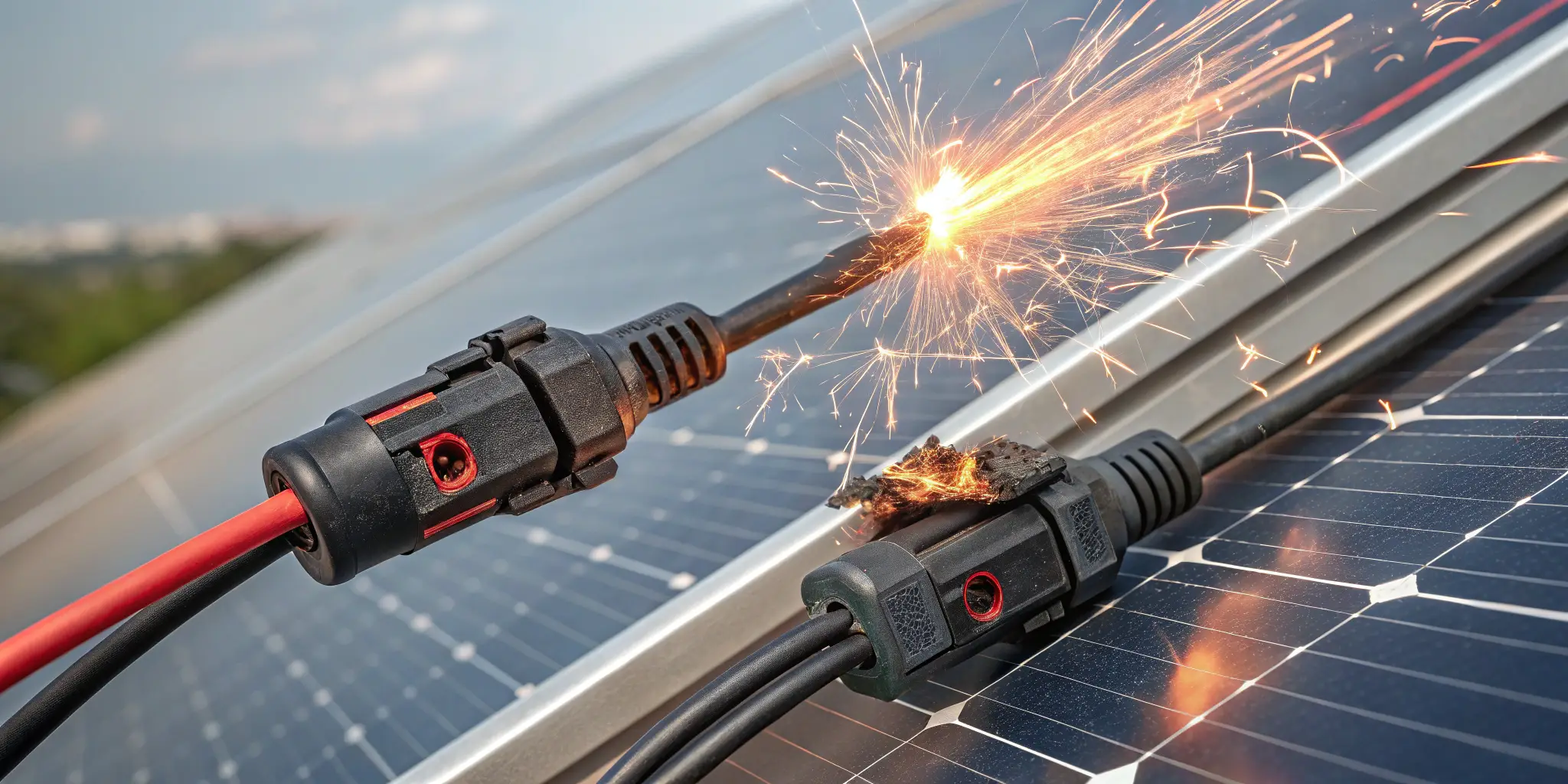 Dangers of mismatched solar connectors causing sparks and damage