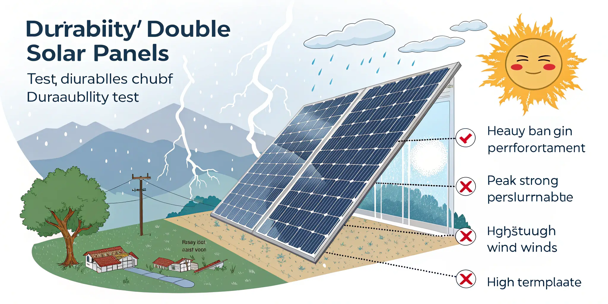 Illustration of durable double-glass solar panels in extreme weather