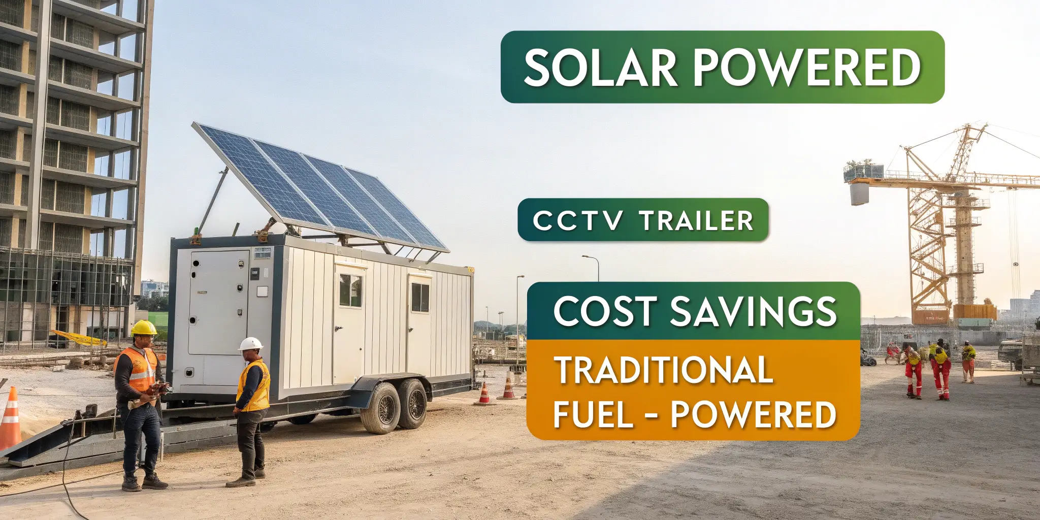 Solar-powered CCTV trailer at a construction site