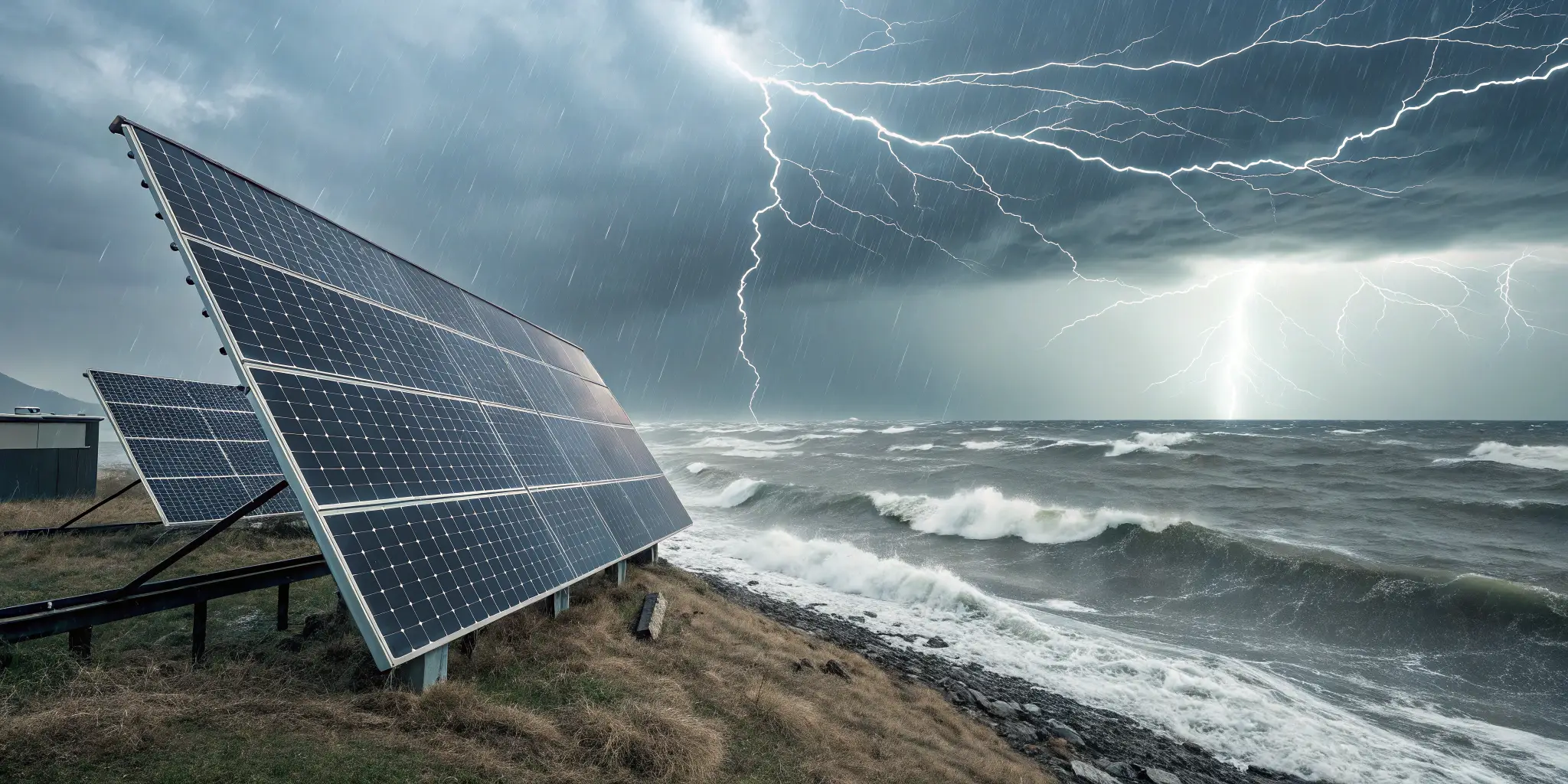Double-glass solar panels withstanding extreme weather conditions: heavy rain, ocean storms, and lightning strikes