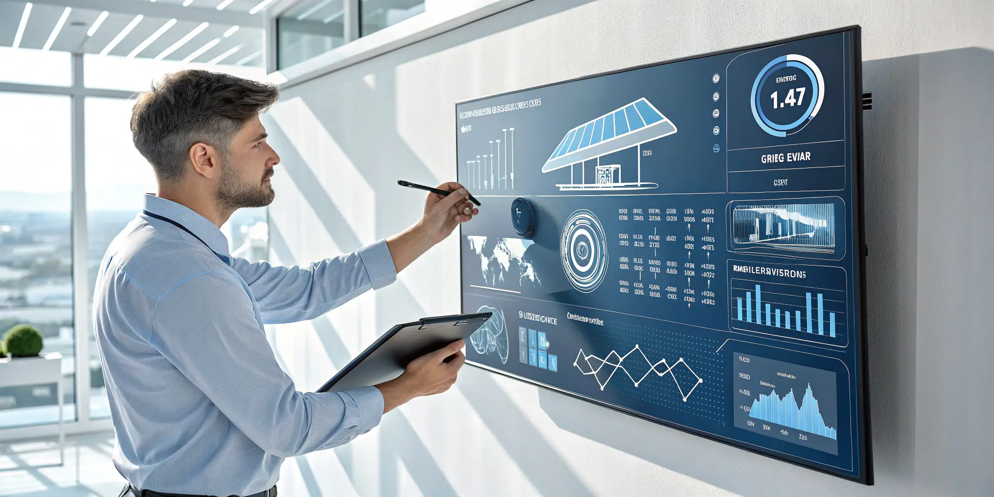 Man analyzing solar CCTV cost factors on a digital screen
