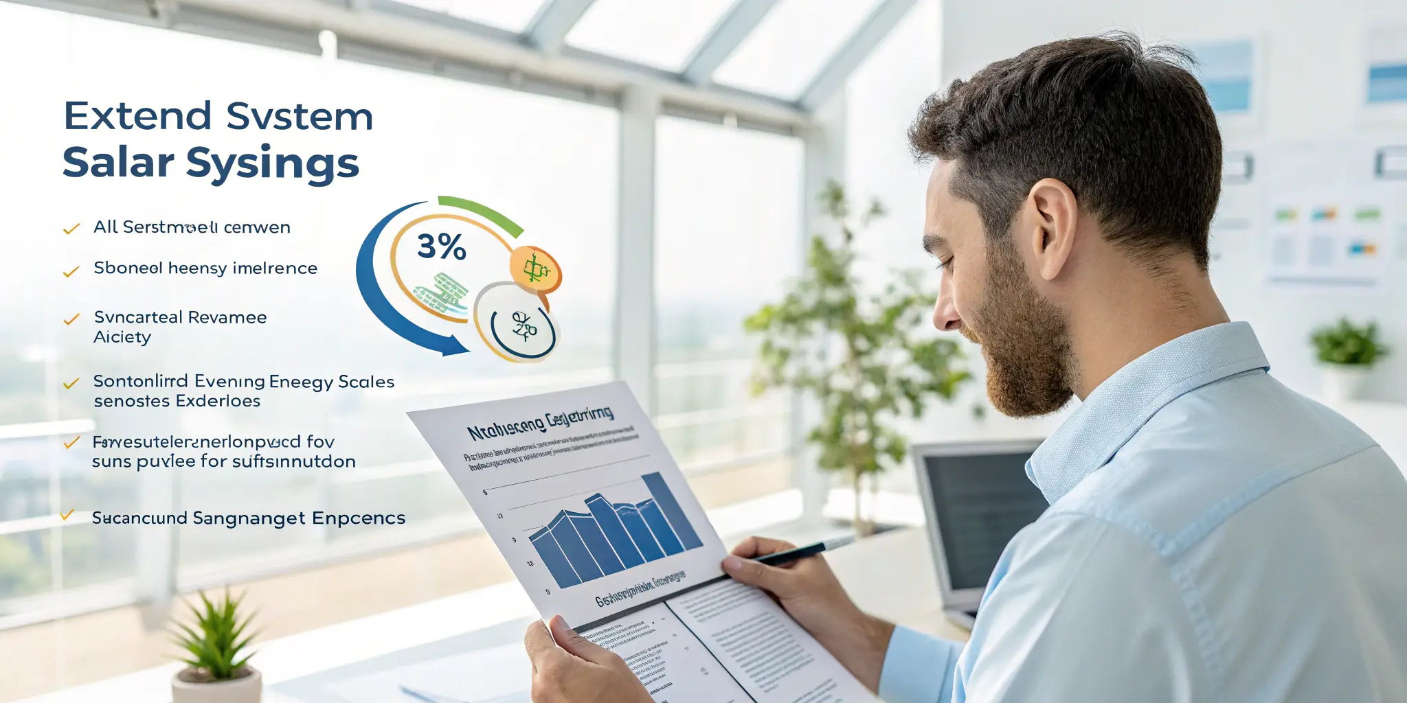 Professional analyzing solar investment report in a bright office