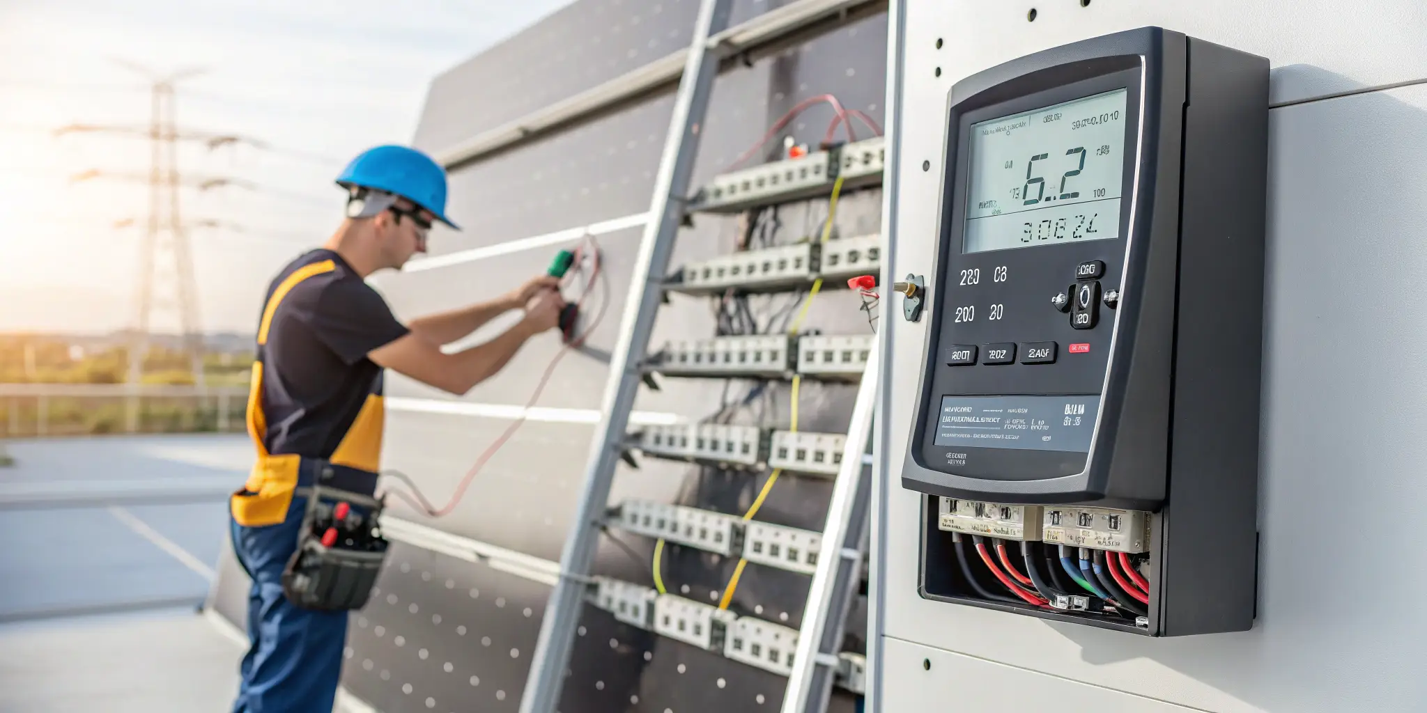 Digital energy meter showing low power output due to voltage drop in a solar installation