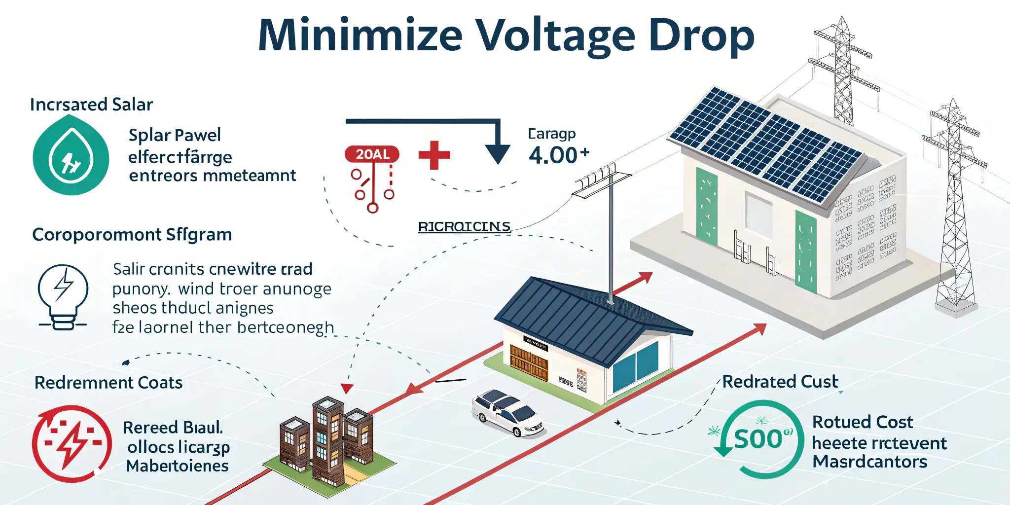 Futuristic infographic showcasing the benefits of minimizing voltage drop in solar systems