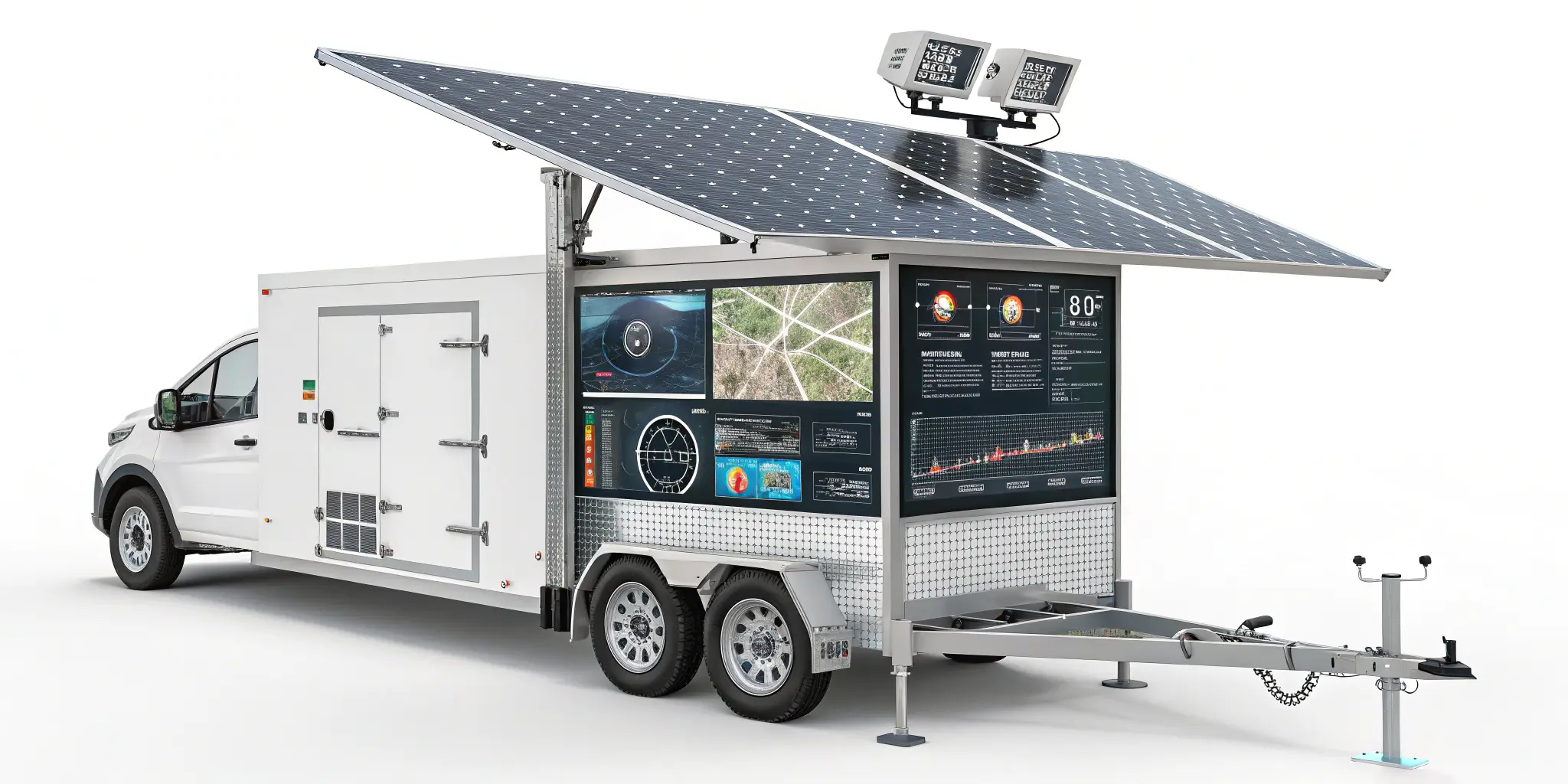Mobile solar-powered surveillance system with monitoring screens