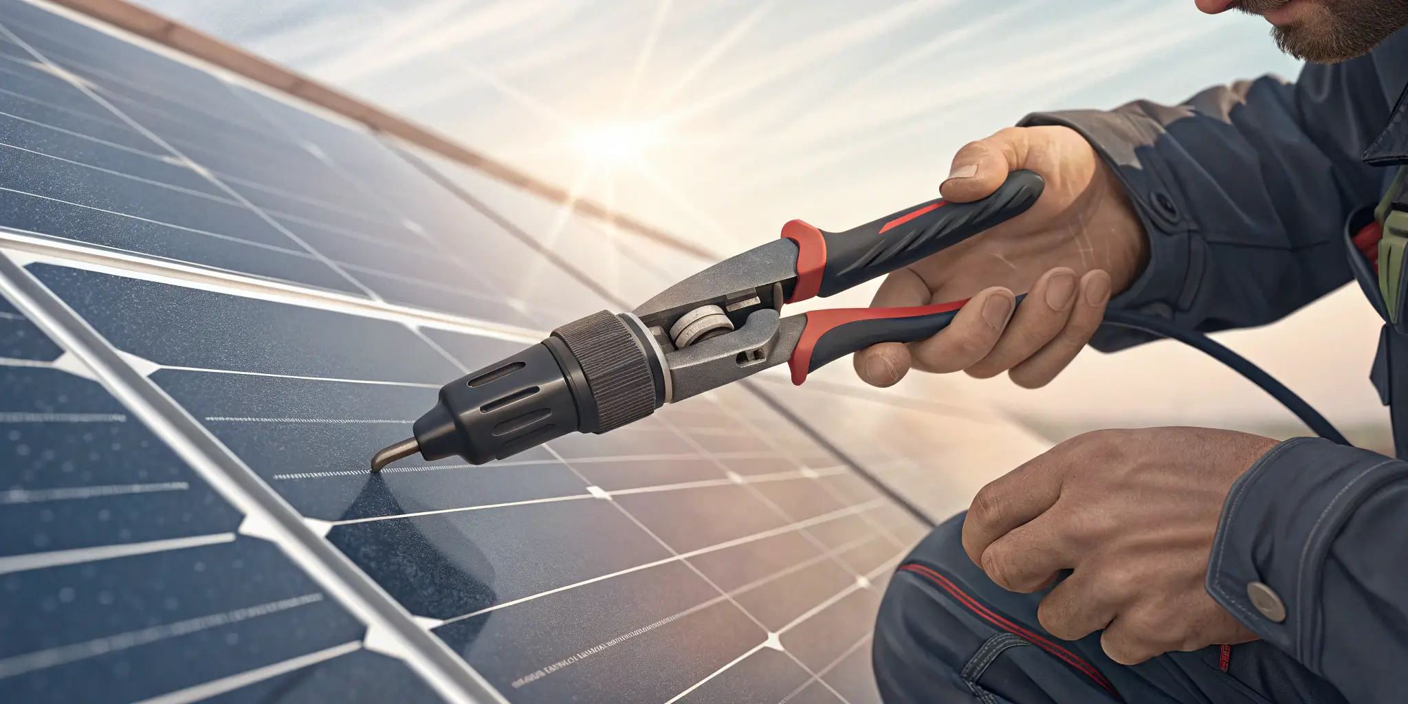 Technician installing MC4 connector on solar panel