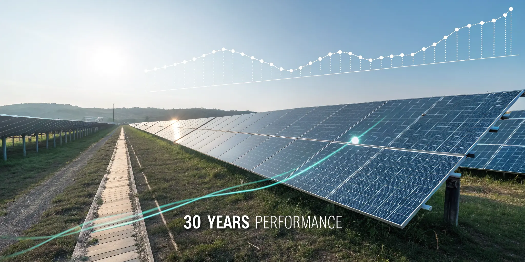 Solar farm with double-glass modules showing high performance over a 30-year period.
