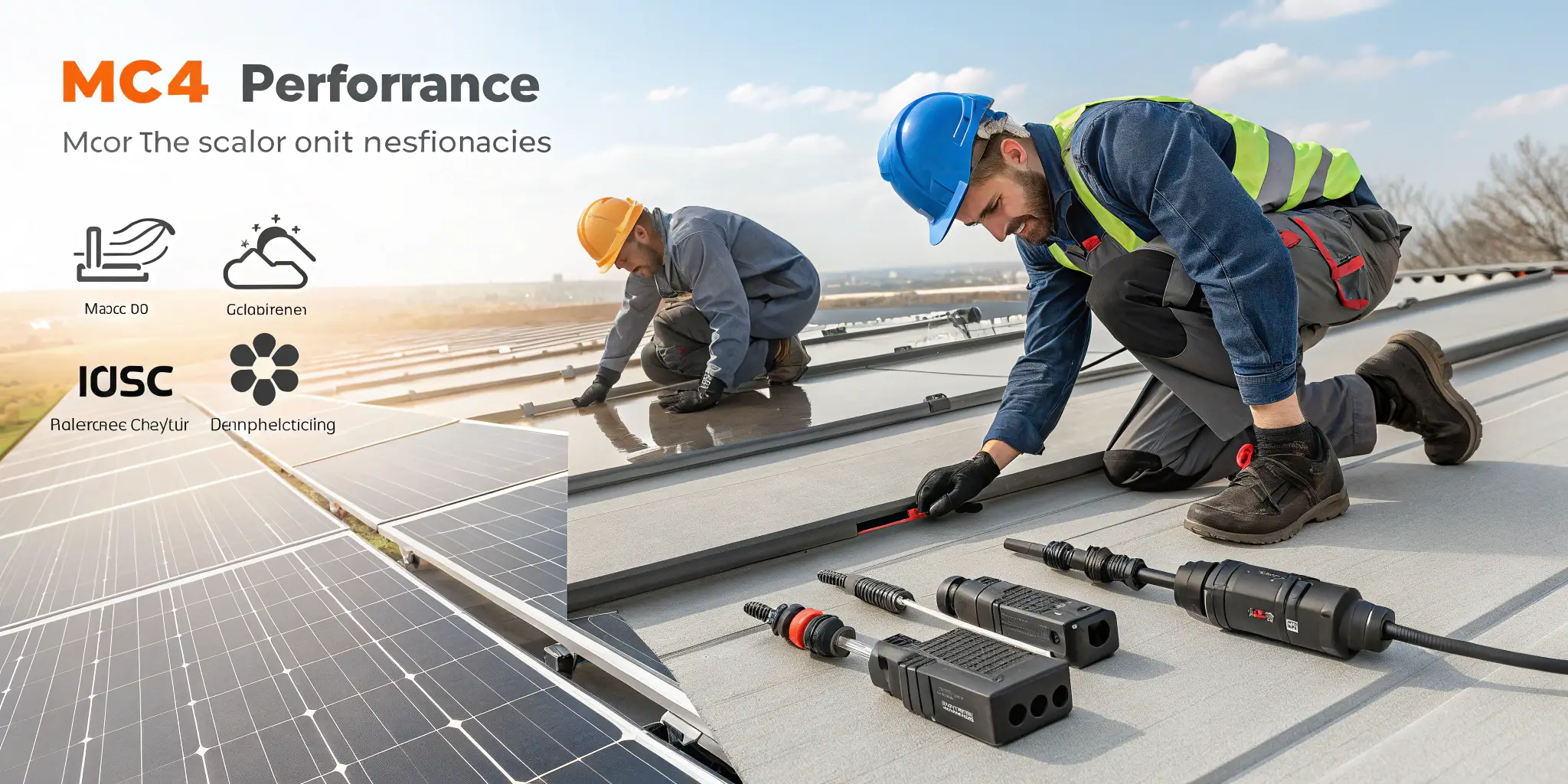 Solar installers using MC4 connectors during rooftop installation, emphasizing ease of use and weatherproof performance