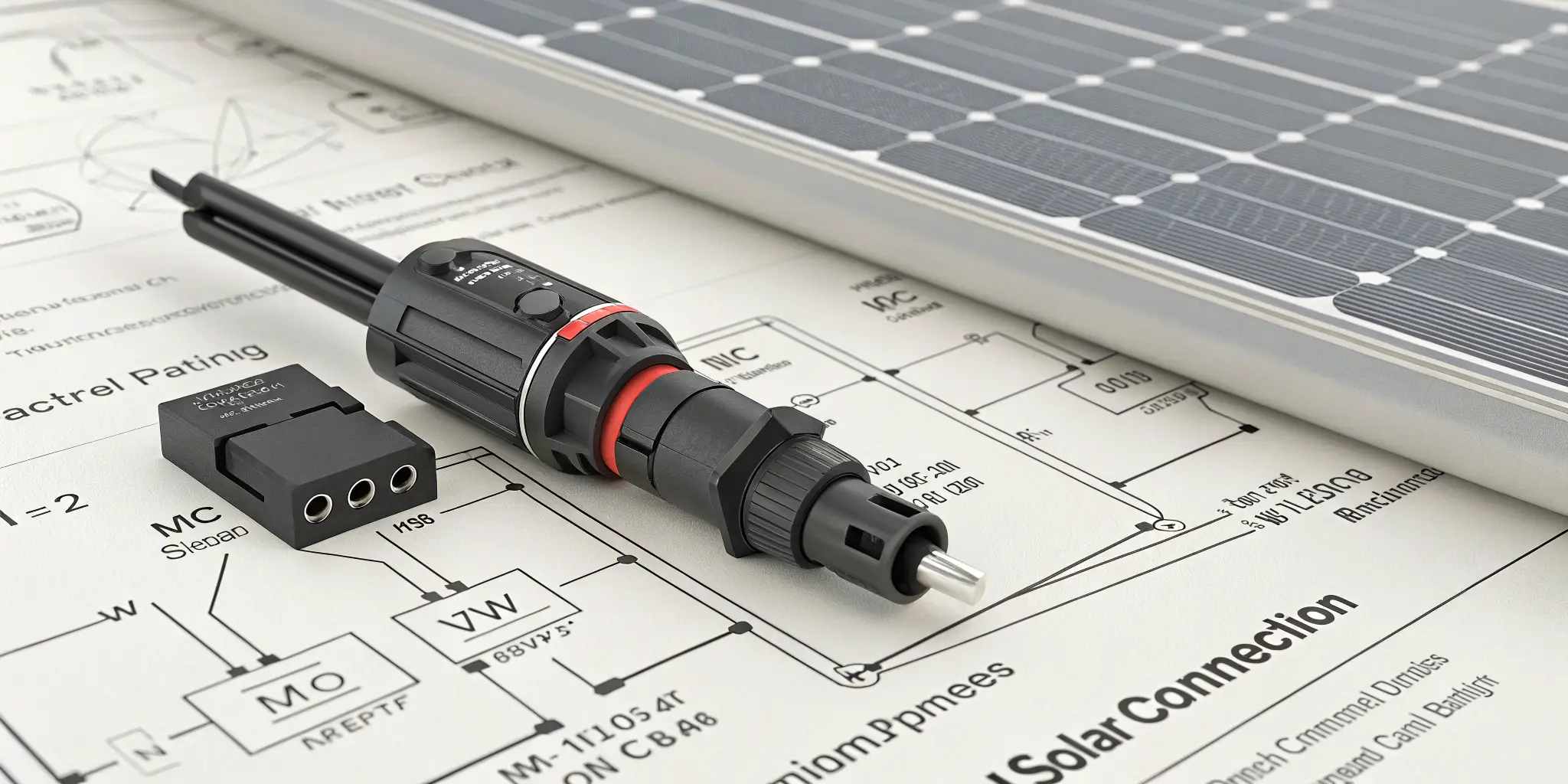 Close-up of an MC4 connector being matched with a solar panel’s voltage and current ratings for compatibility