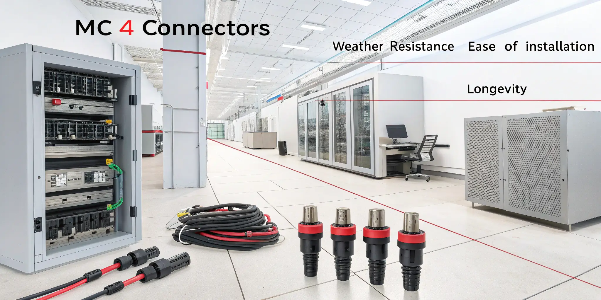 High-tech workspace showcasing an array of MC4 connectors with detailed labels illustrating factors affecting performance like weather resistance and longevity