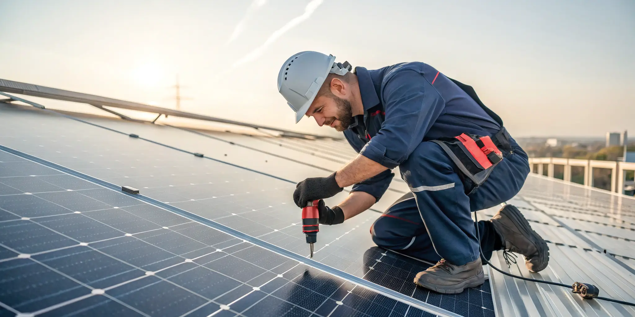 Solar panel installation, worker securing panel with drill