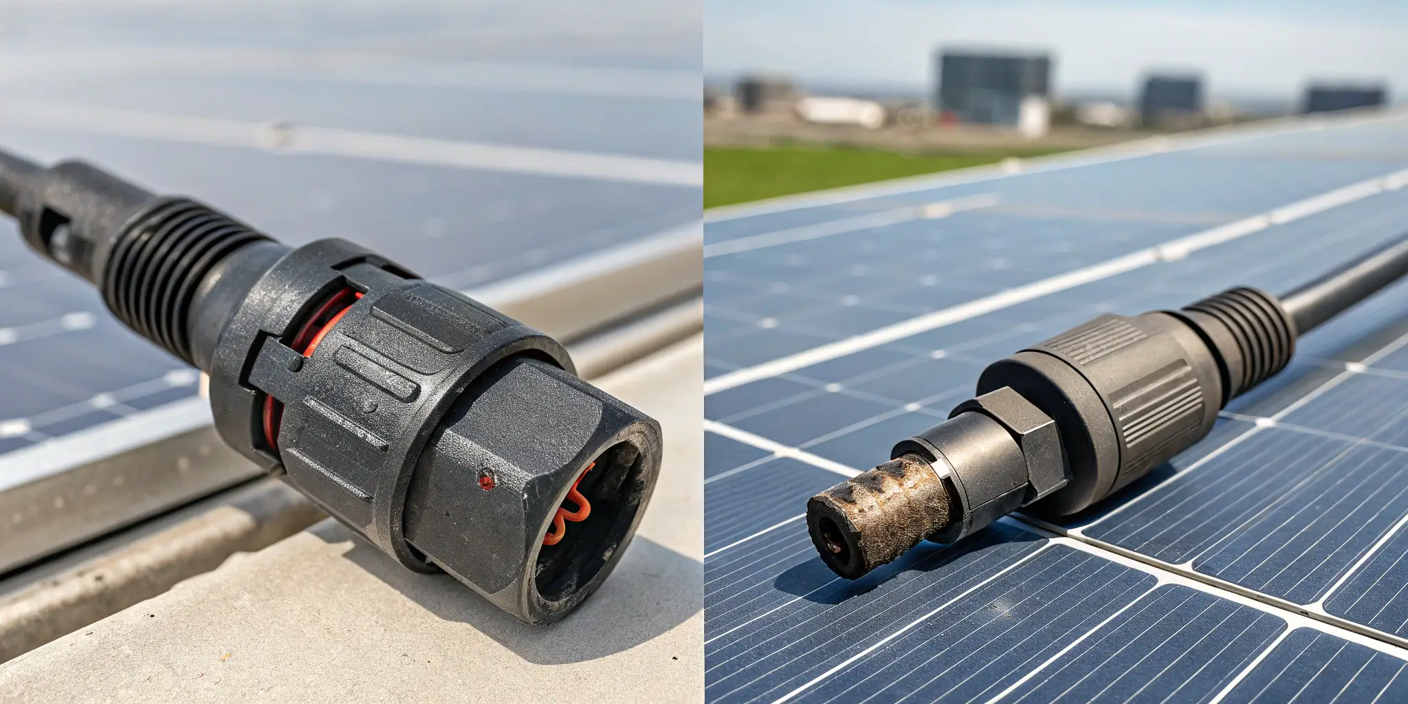 MC4 connector comparison, new vs. burned failure