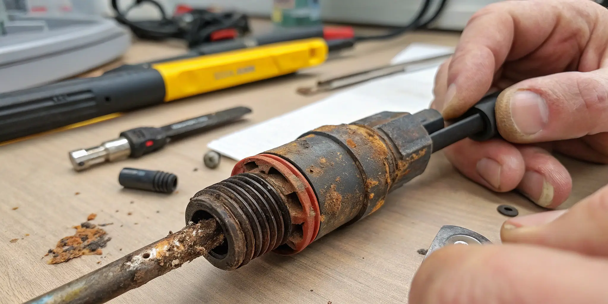 Close-up of a broken MC4 connector with rust, as a technician replaces it for efficient system performance