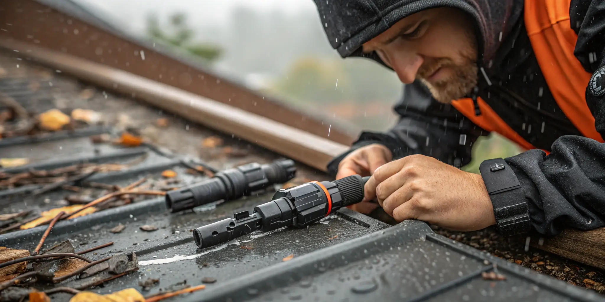 Close-up of MC4 Connector Inspection Post-Storm