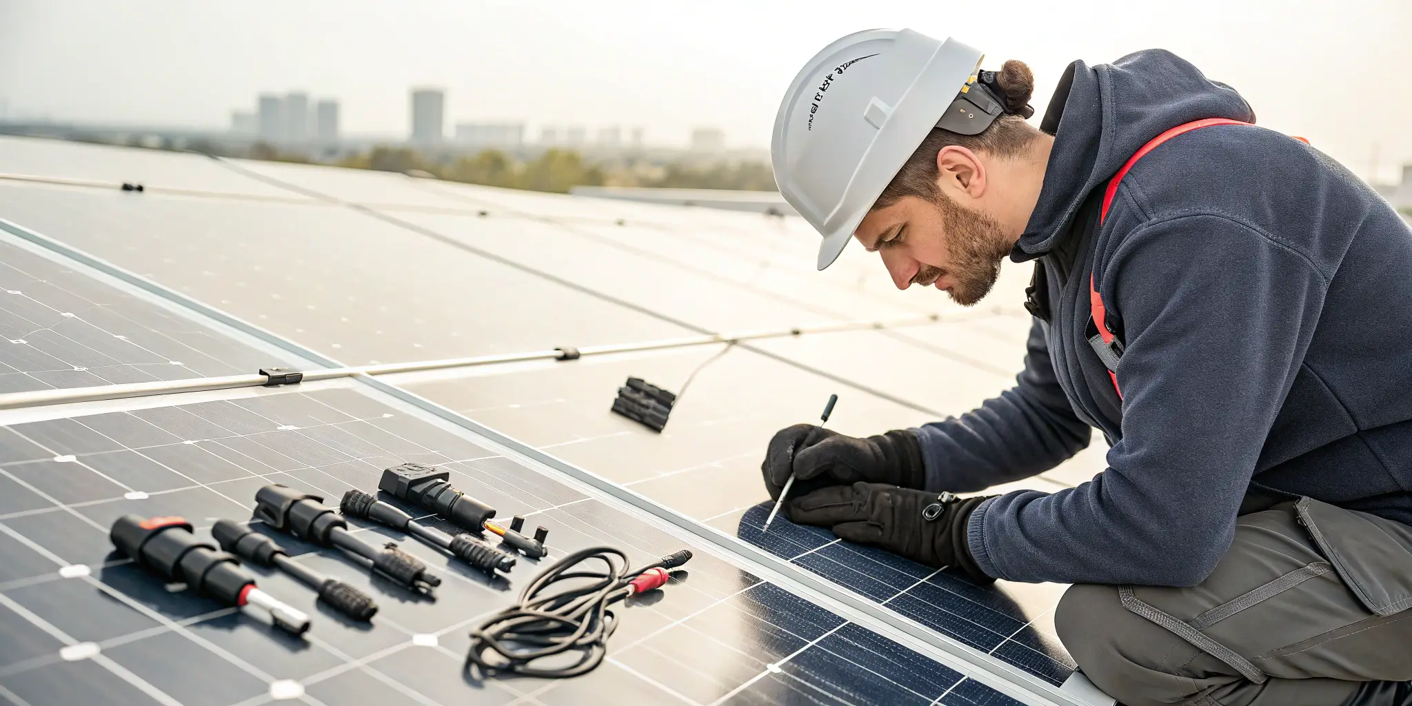 Professional installer selecting the right MC4 connector for a high-performance solar array, checking amperage, cable size, and waterproof sealing