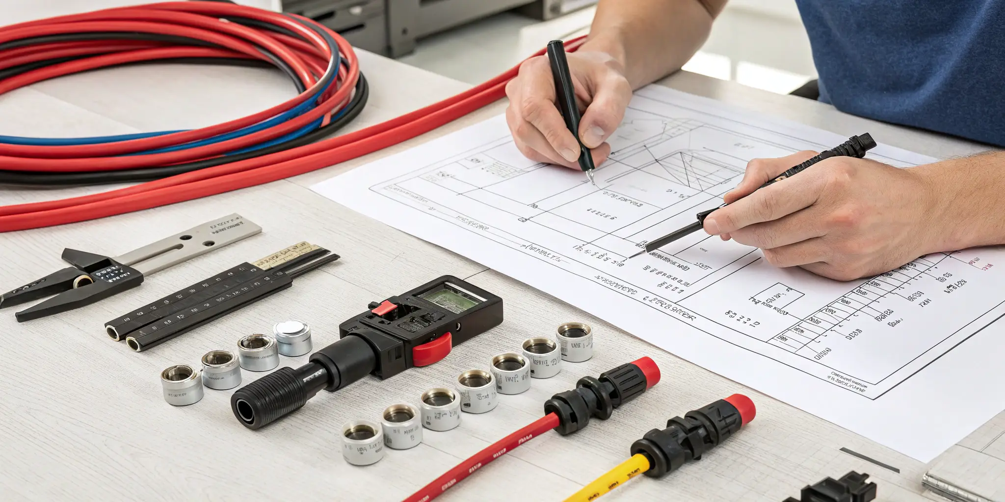 Measuring MC4 wire sizes Workspace with a variety of MC4 connectors and cables, technician measuring wire sizes with a gauge tool and referencing datasheets for accuracy and compatibility