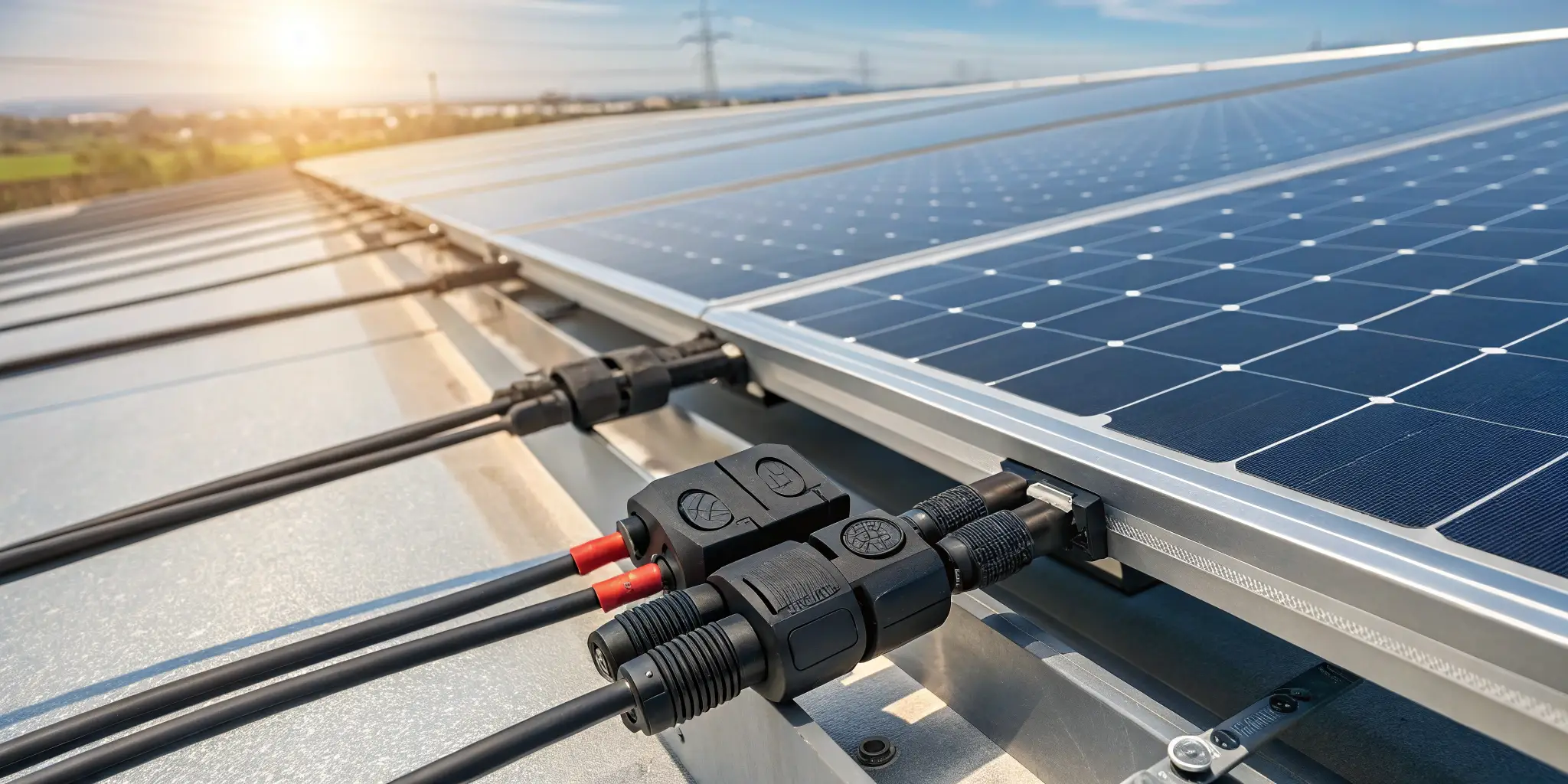 Close-up of MC4 connectors linking solar panels in a solar farm, highlighting weatherproof and reliable connections