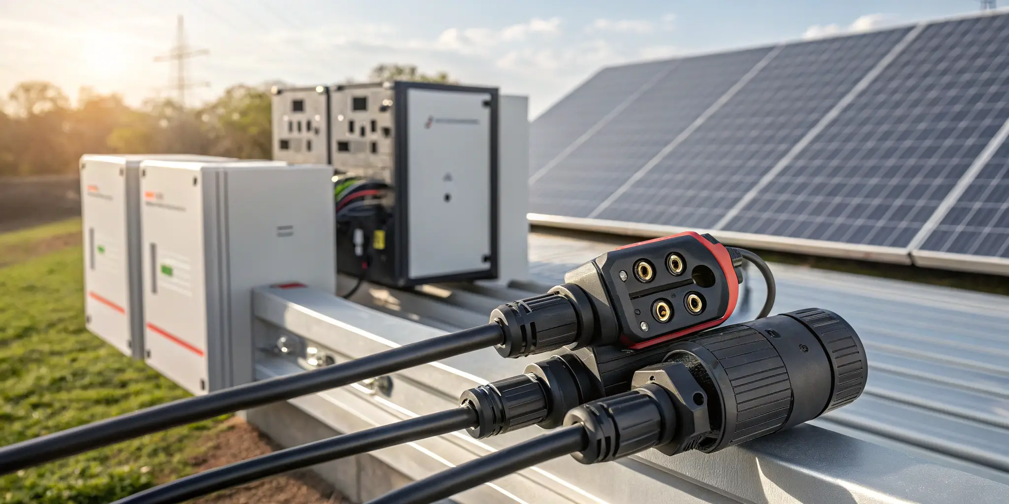 Close-up of Staubli MC4 connectors in an off-grid solar system, highlighting rugged design and superior performance