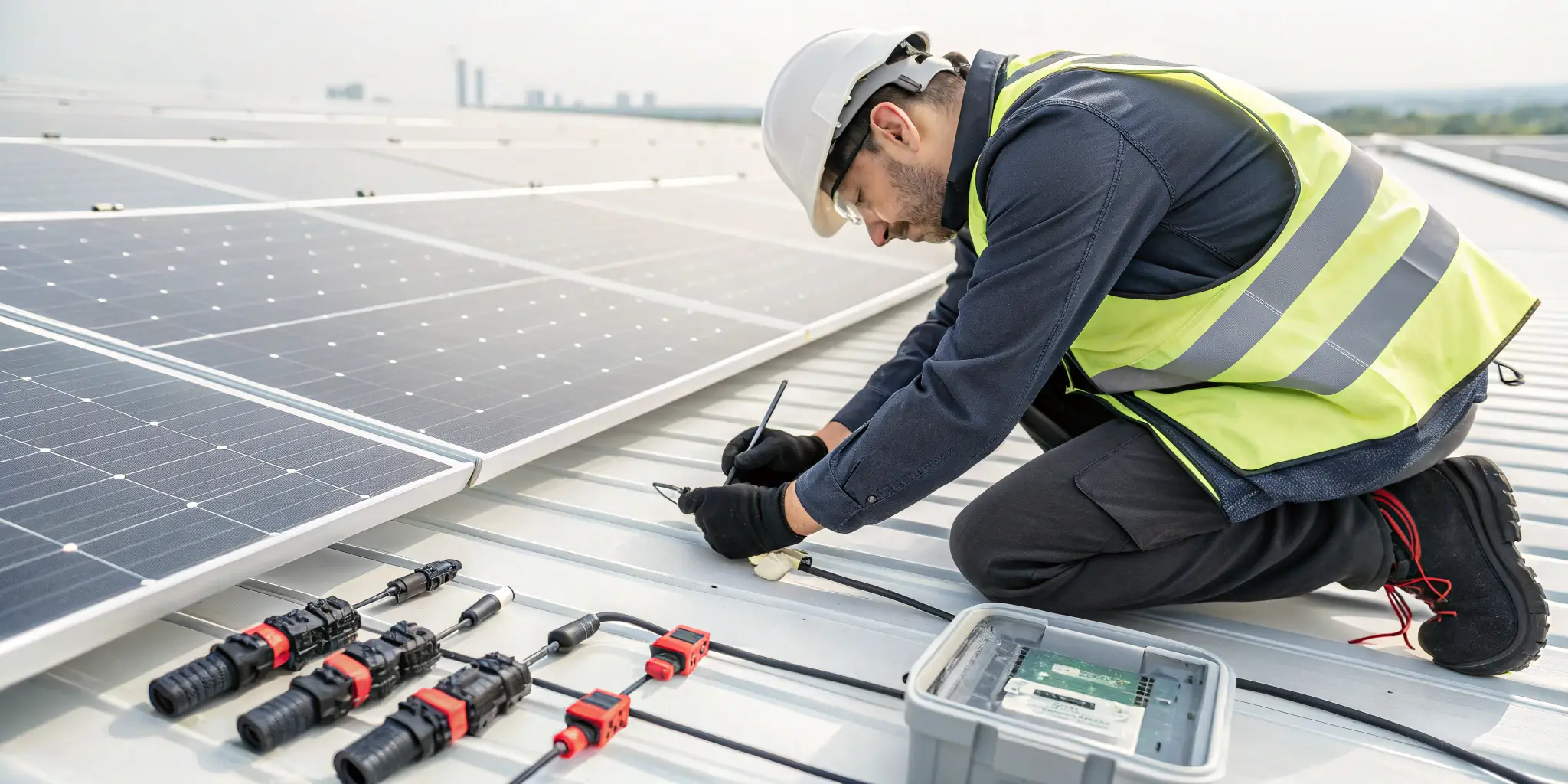 Technician conducting a safety inspection on MC4 connectors in a solar panel system, ensuring correct polarity and tight connections