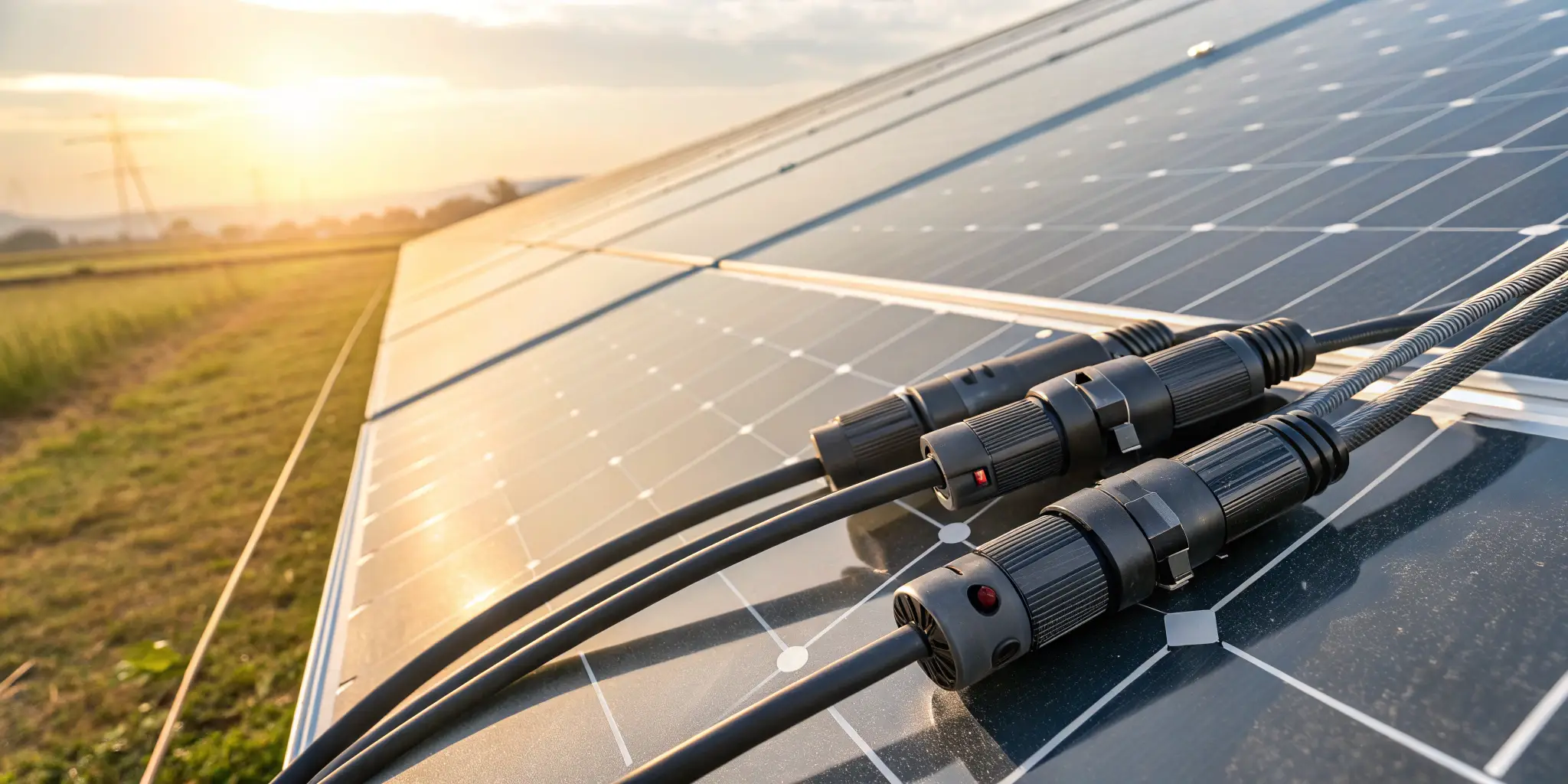 MC4 connectors attached to solar panels in the sunlight