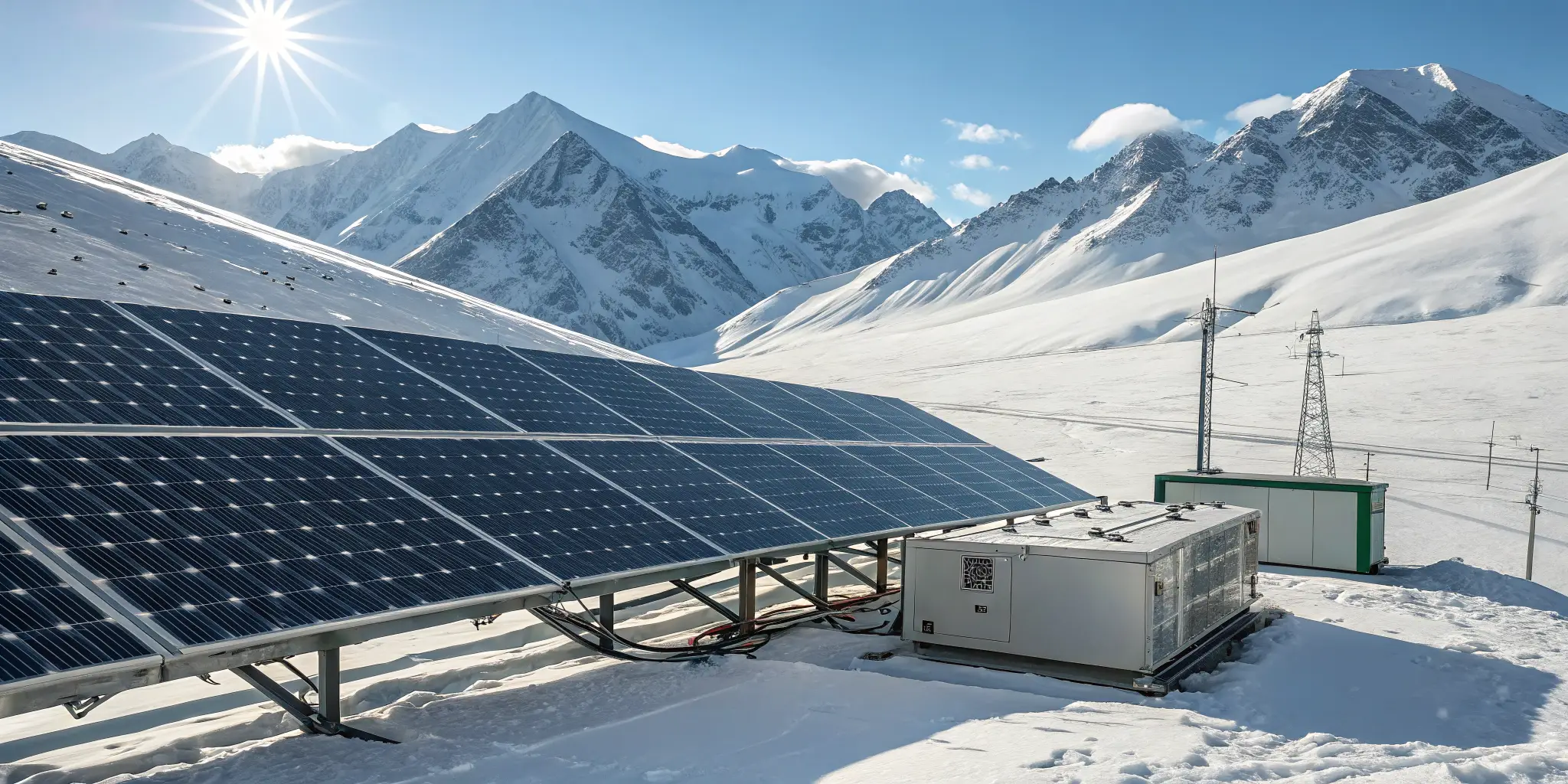 High-altitude solar farm with MC4 connectors in sub-zero temperatures, showcasing resilience amid snow-covered mountains