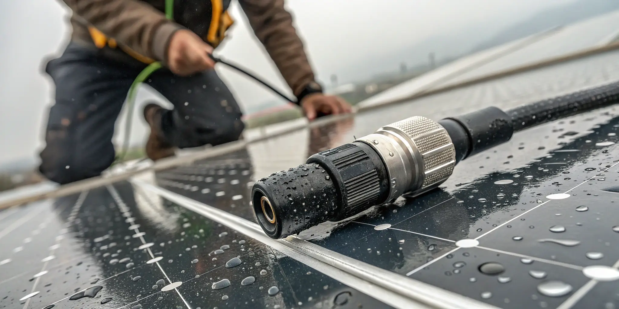 Technician installing a weather-resistant solar connector during light rain