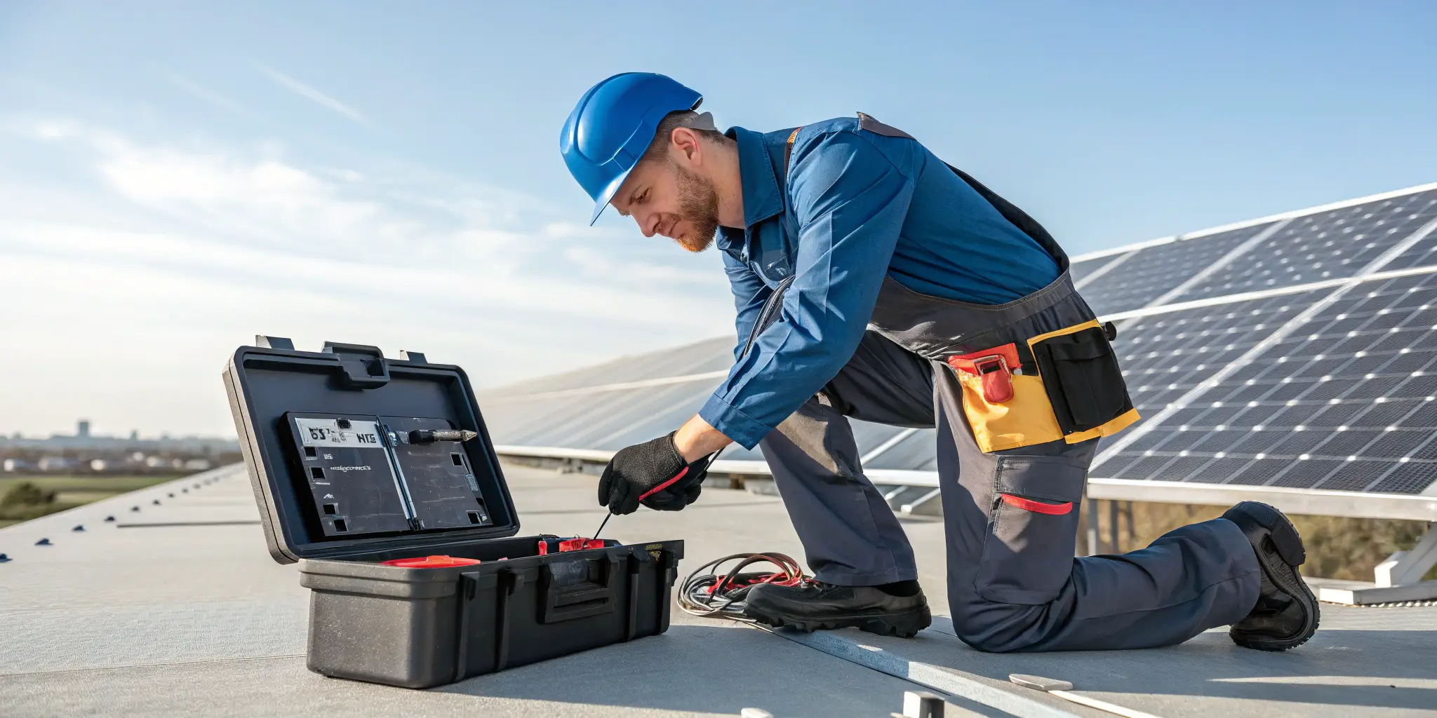 Technician working with solar connectors on a rooftop