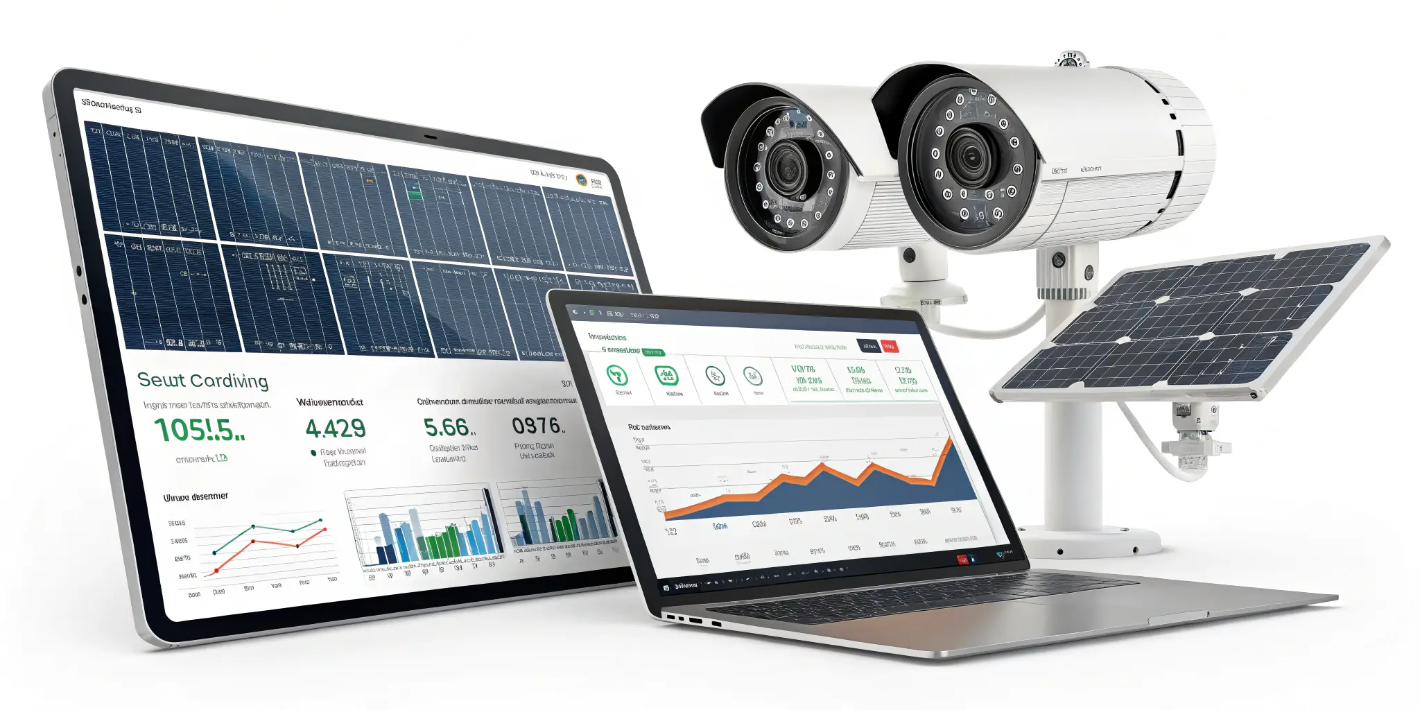 Solar-powered CCTV system with monitoring dashboards on laptop and tablet