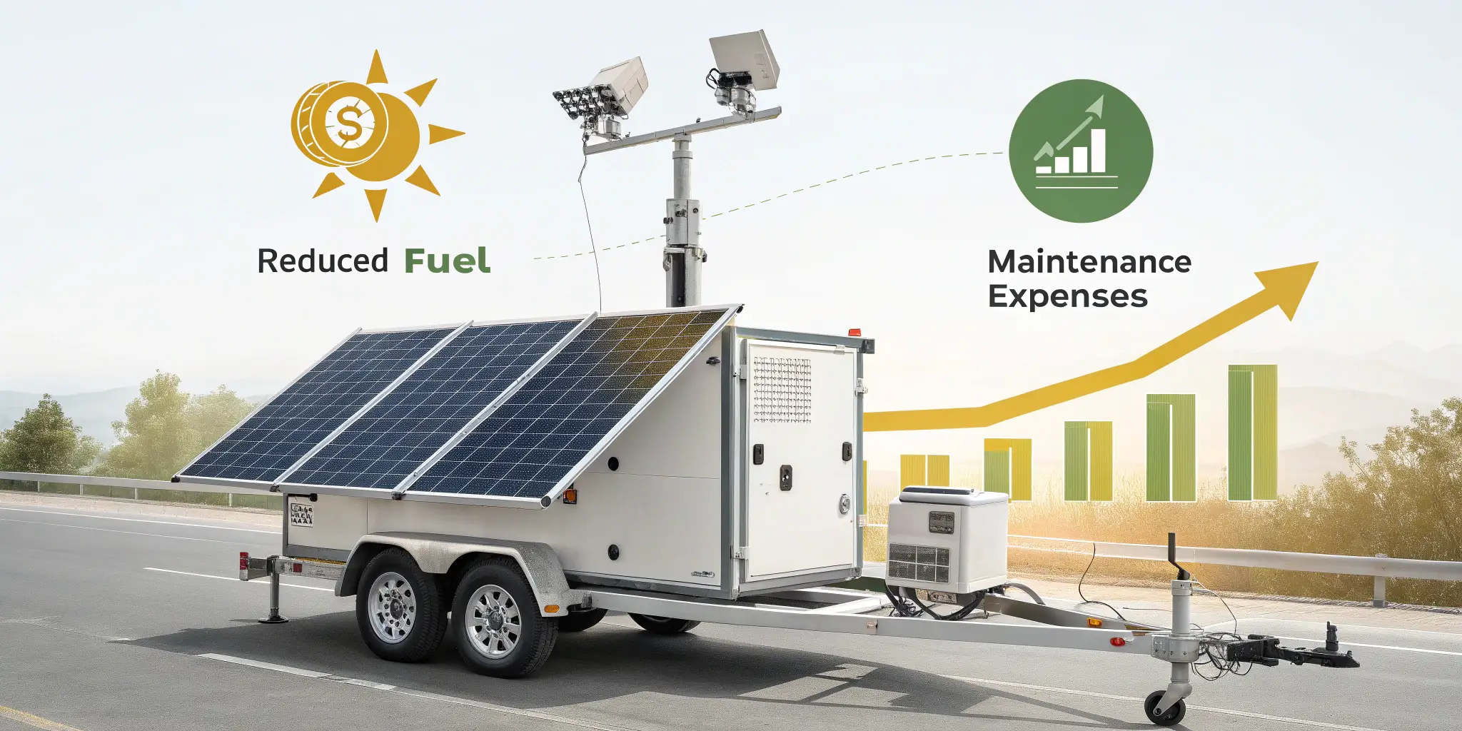 Solar CCTV trailer illustrating fuel savings and maintenance costs