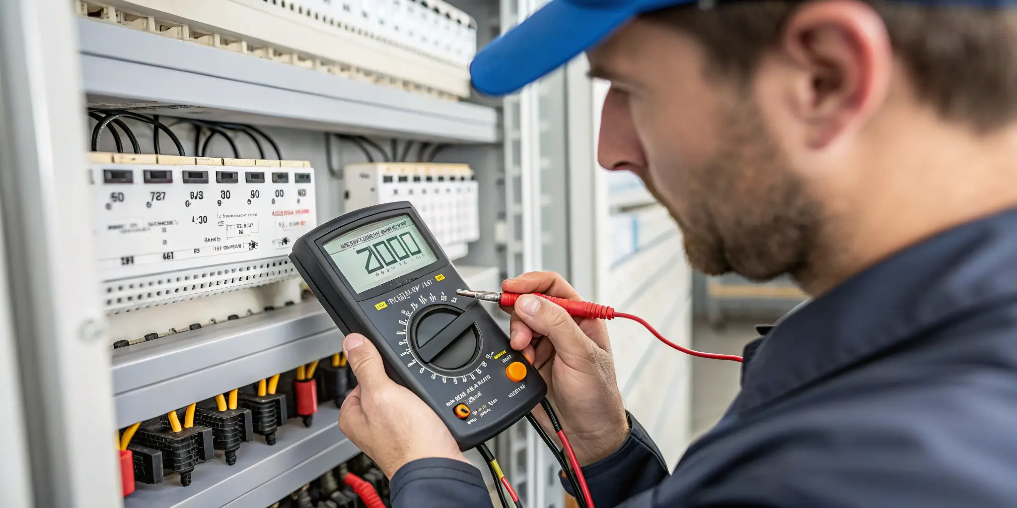 Technician measuring MC4 connector resistance with an ohmmeter