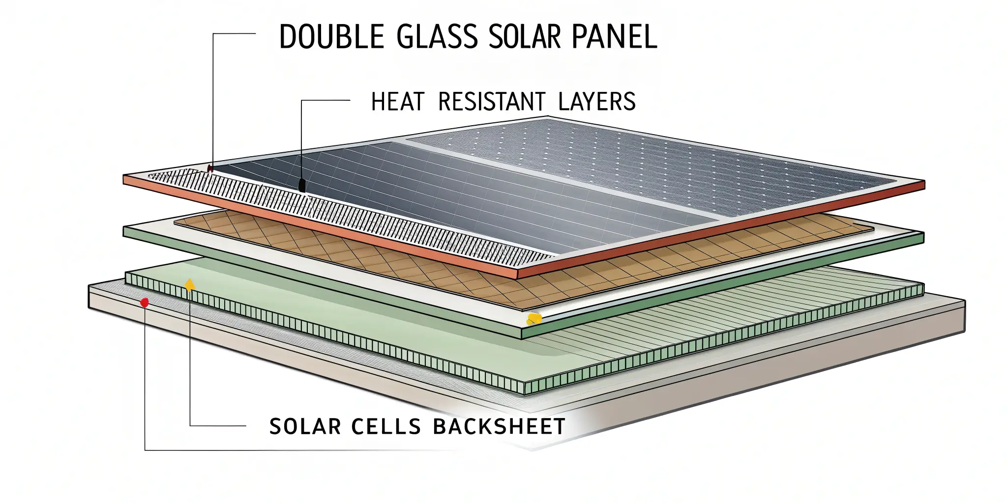 Illustration of double-glass solar panel layers, highlighting heat-resistant layers for enhanced durability.