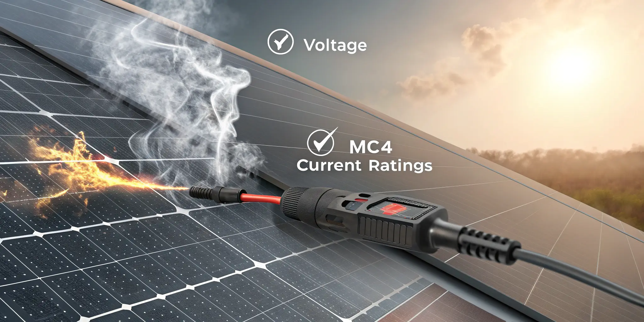 Overheating MC4 connector causing a system malfunction, with visible smoke and ratings highlighted