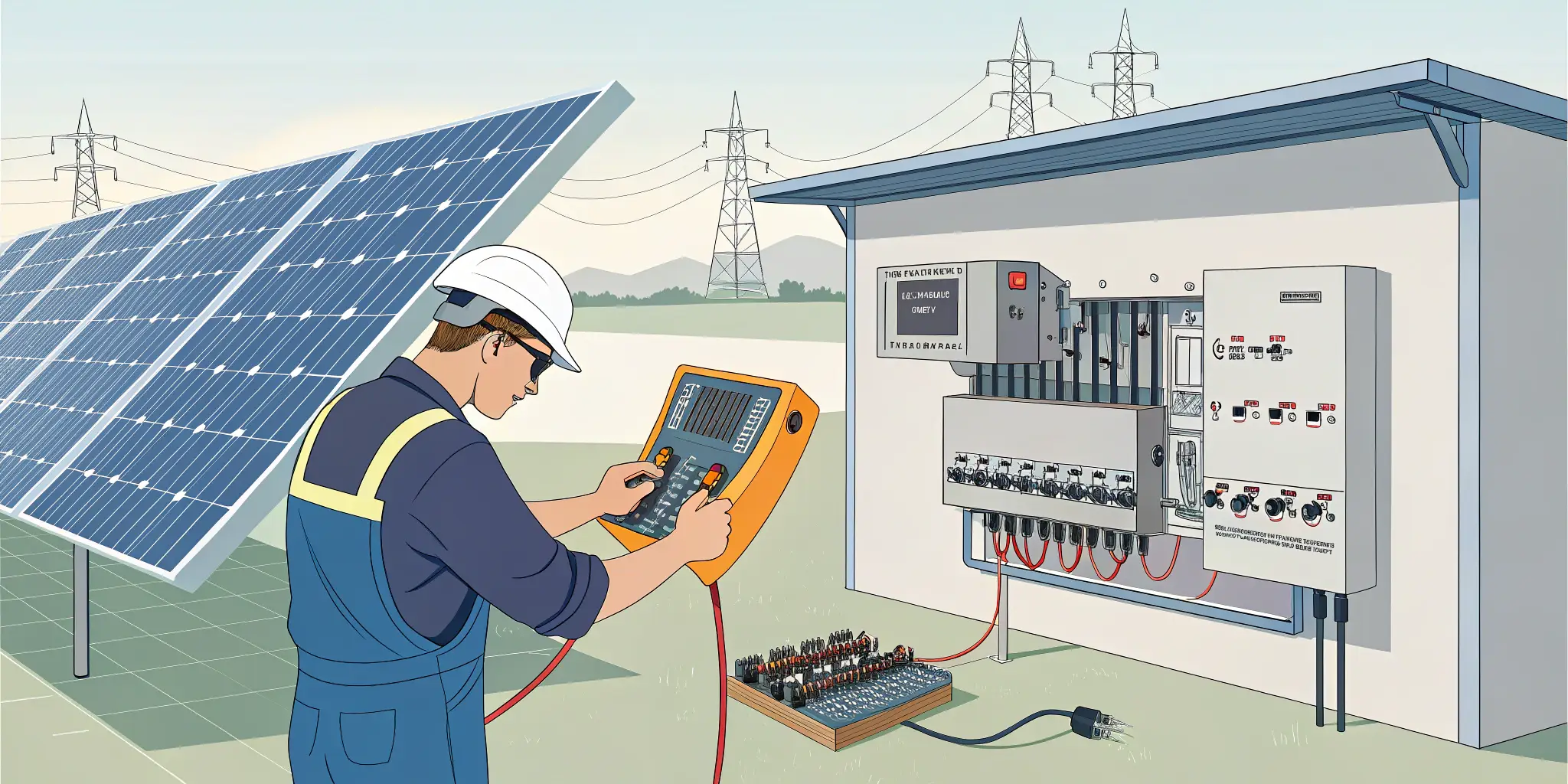 Technician comparing voltage drop estimates in a well-maintained solar array for optimal energy efficiency