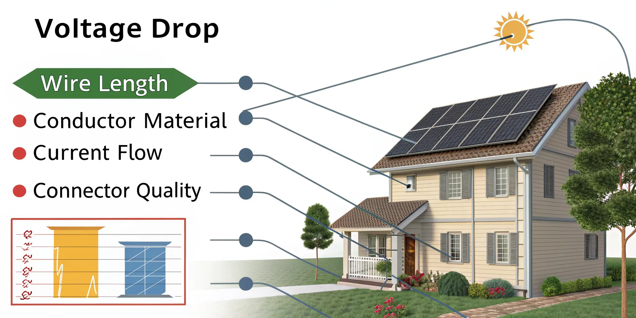 Infographic detailing key factors affecting voltage drop in solar systems