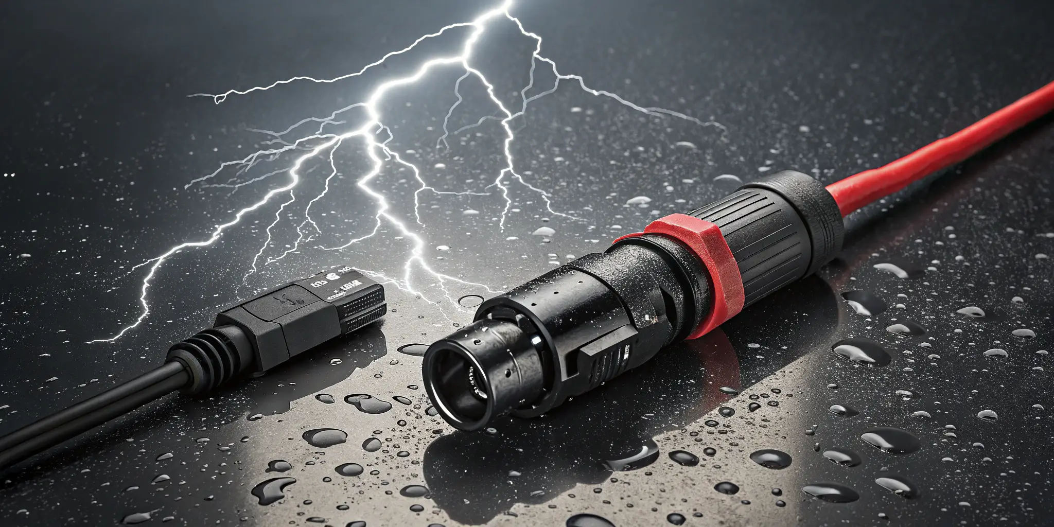MC4 connector undergoing a weather resistance test in extreme rain and sunlight conditions