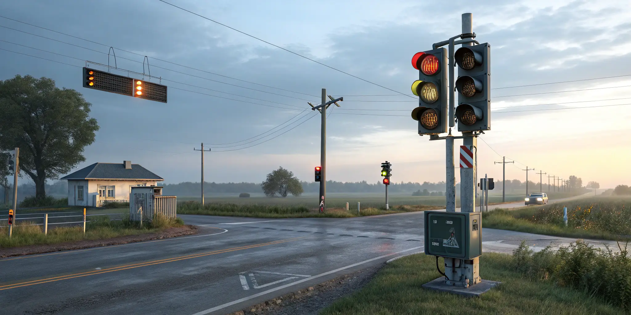 Rural intersection with traffic lights powered by a solar energy system, highlighting battery backup for uninterrupted operation