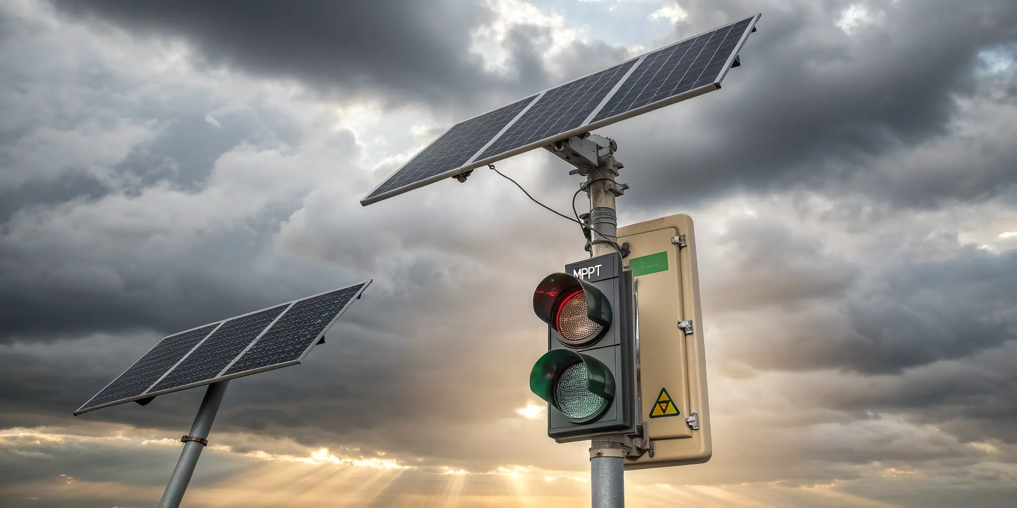 Solar traffic light on cloudy day with high-efficiency monocrystalline panels and MPPT tech