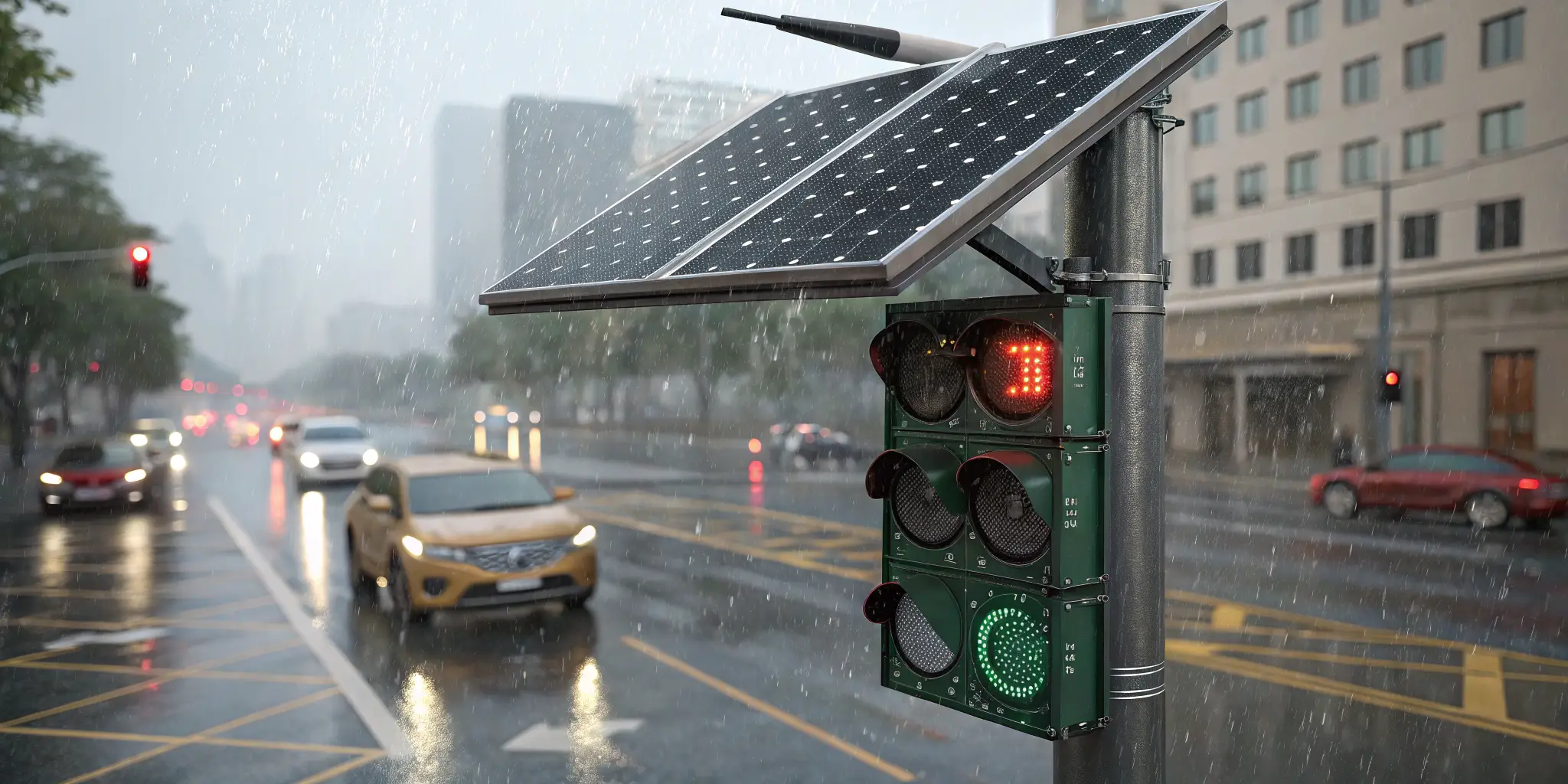 High-tech solar-powered traffic light system with monocrystalline panels in rainy weather