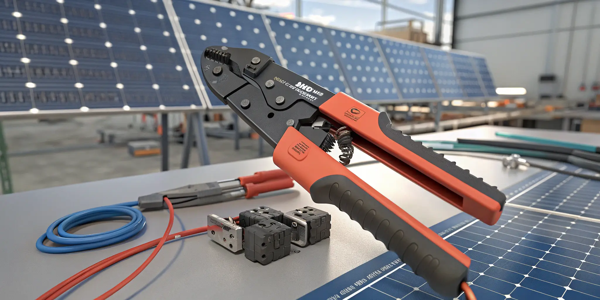 MC4 crimping tool in action in a solar workshop